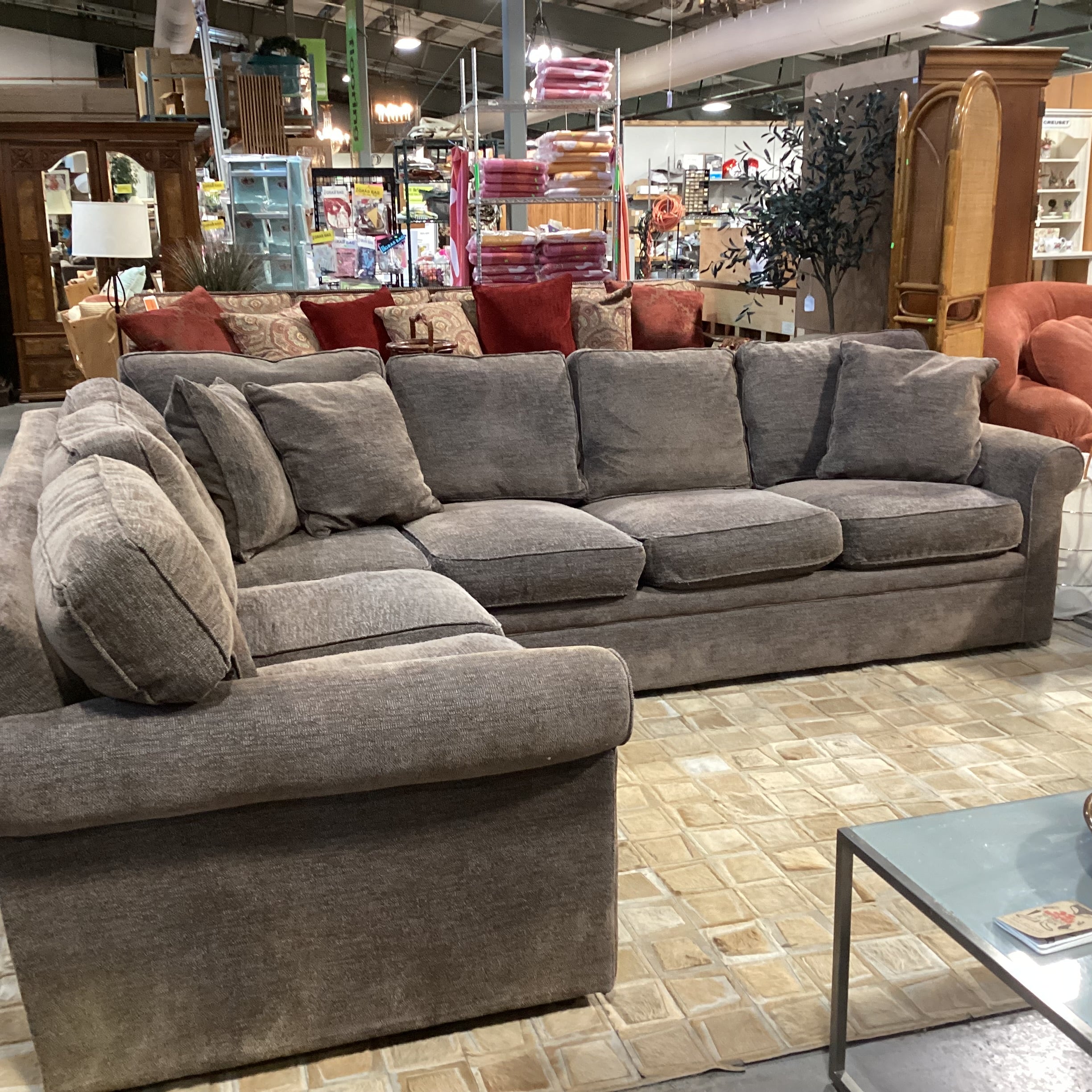 Rowe Furniture Taupe Grey Brown Woven Down Mix 2 Piece Sectional  118"x 92"x 42"x 32"