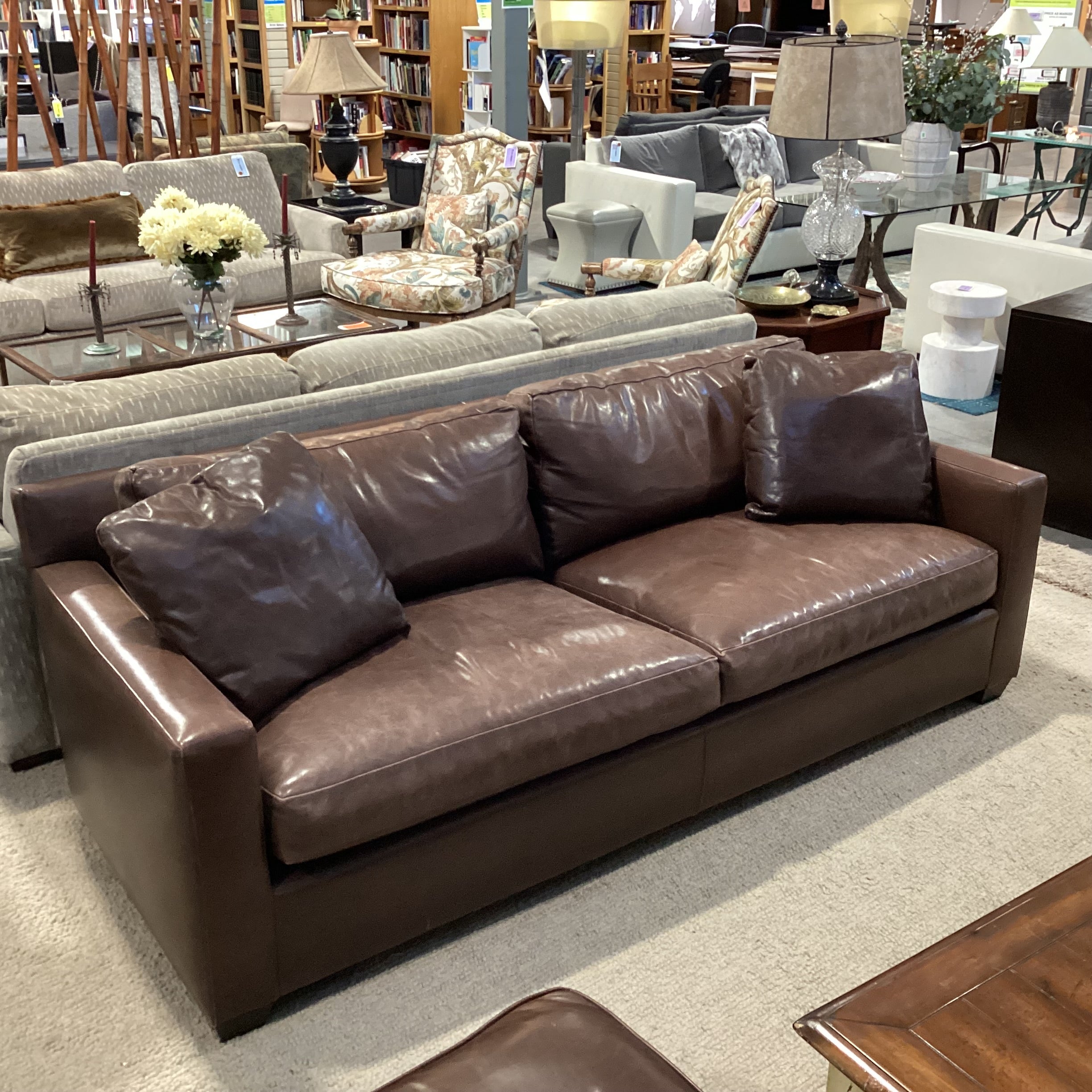 Baker Furniture Brown Leather Down Mix Track Arm with Accent Pillows Sofa 86"x 40"x 30"
