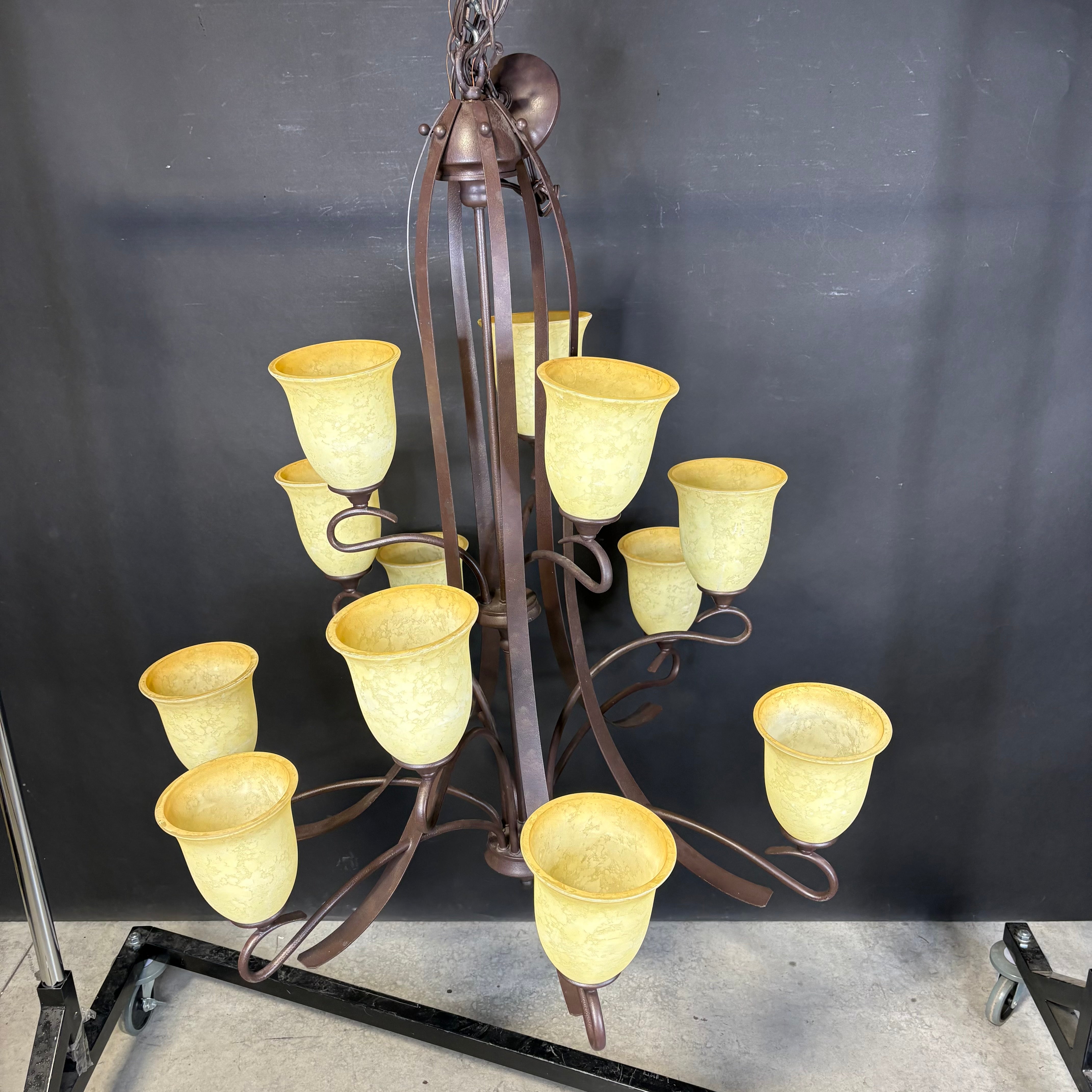 Traditional 12-Light Tiered Crackle Bronze with Glass Shades Chandelier 40” Diameter x 42” - 65”