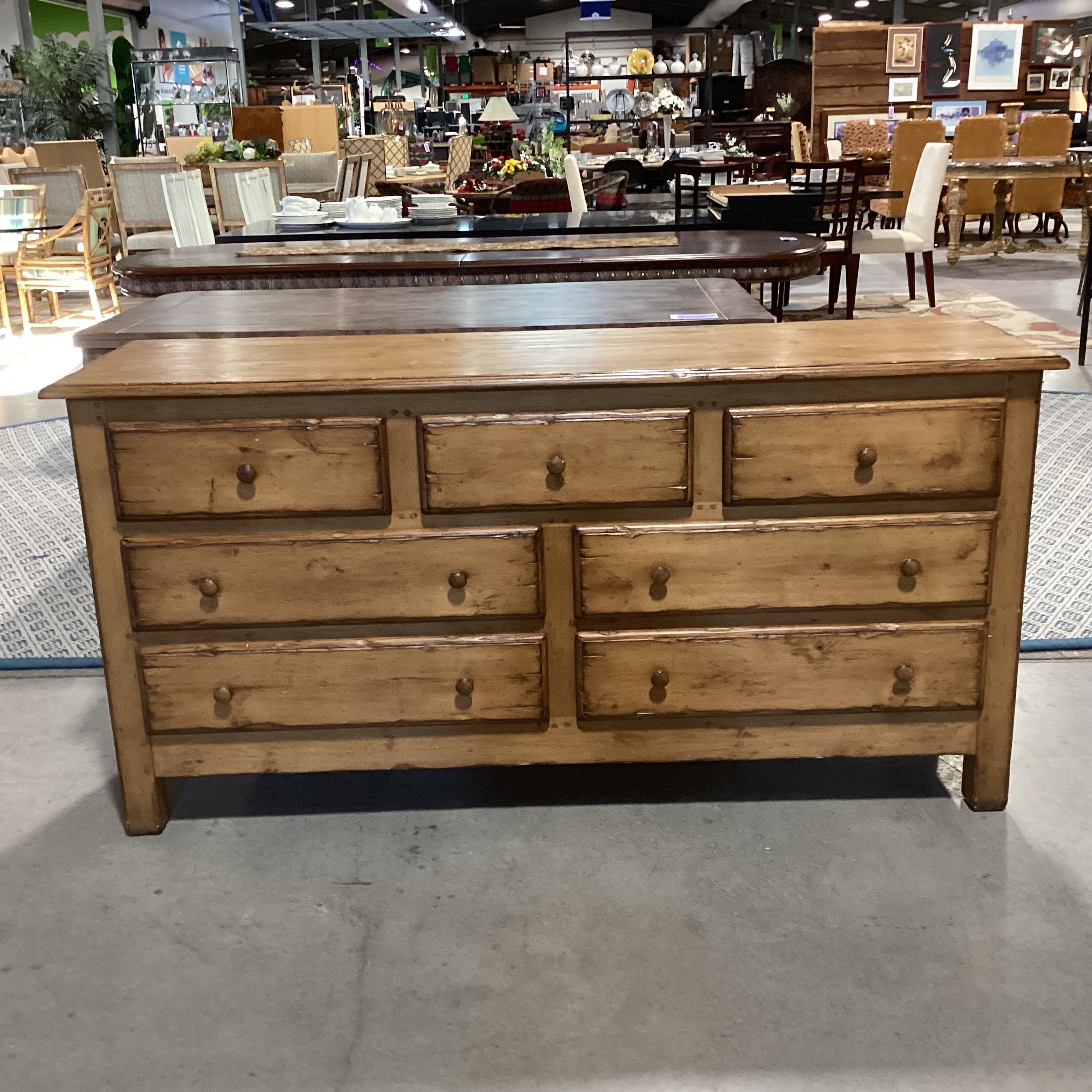 Woodland Furniture Distressed Finish Solid Wood 7 Drawer Dresser 68"x 20"x 34"