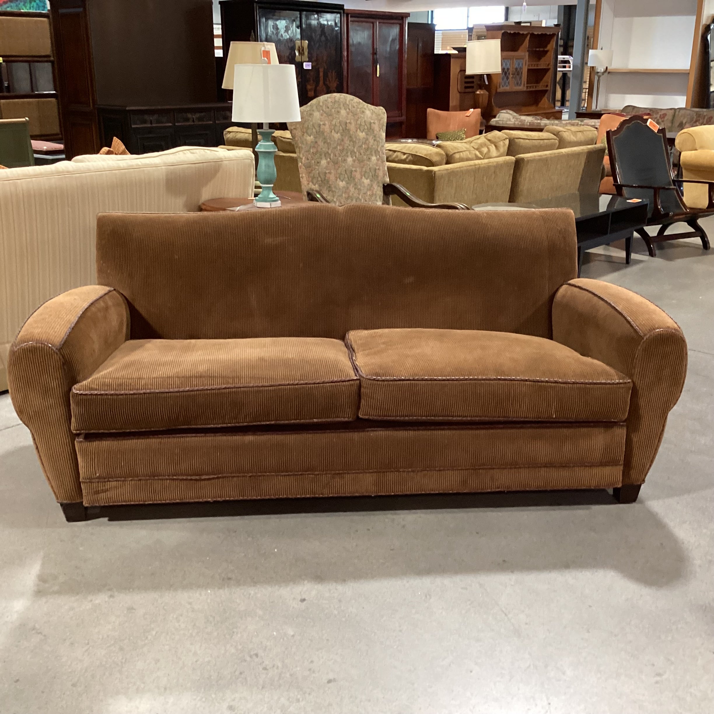 Richard Charles Brown Corduroy Braided Leather Piping & Down Mix Sofa 86"x 40"x 34"