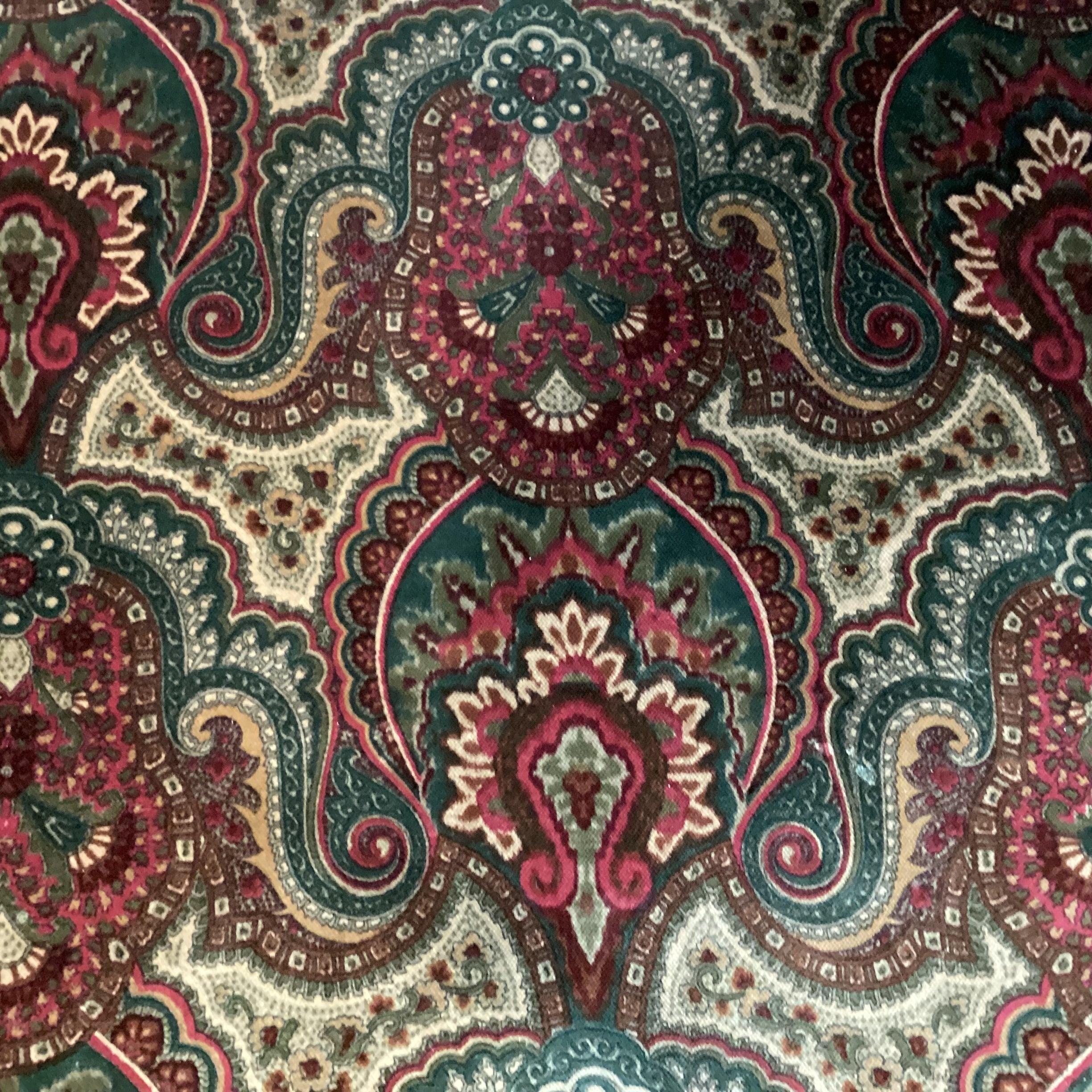 Vintage Ralph Lauren Red Green Paisley Velvet Nailhead & Carved Wood Oversized Chair 42"x 42"x 38"