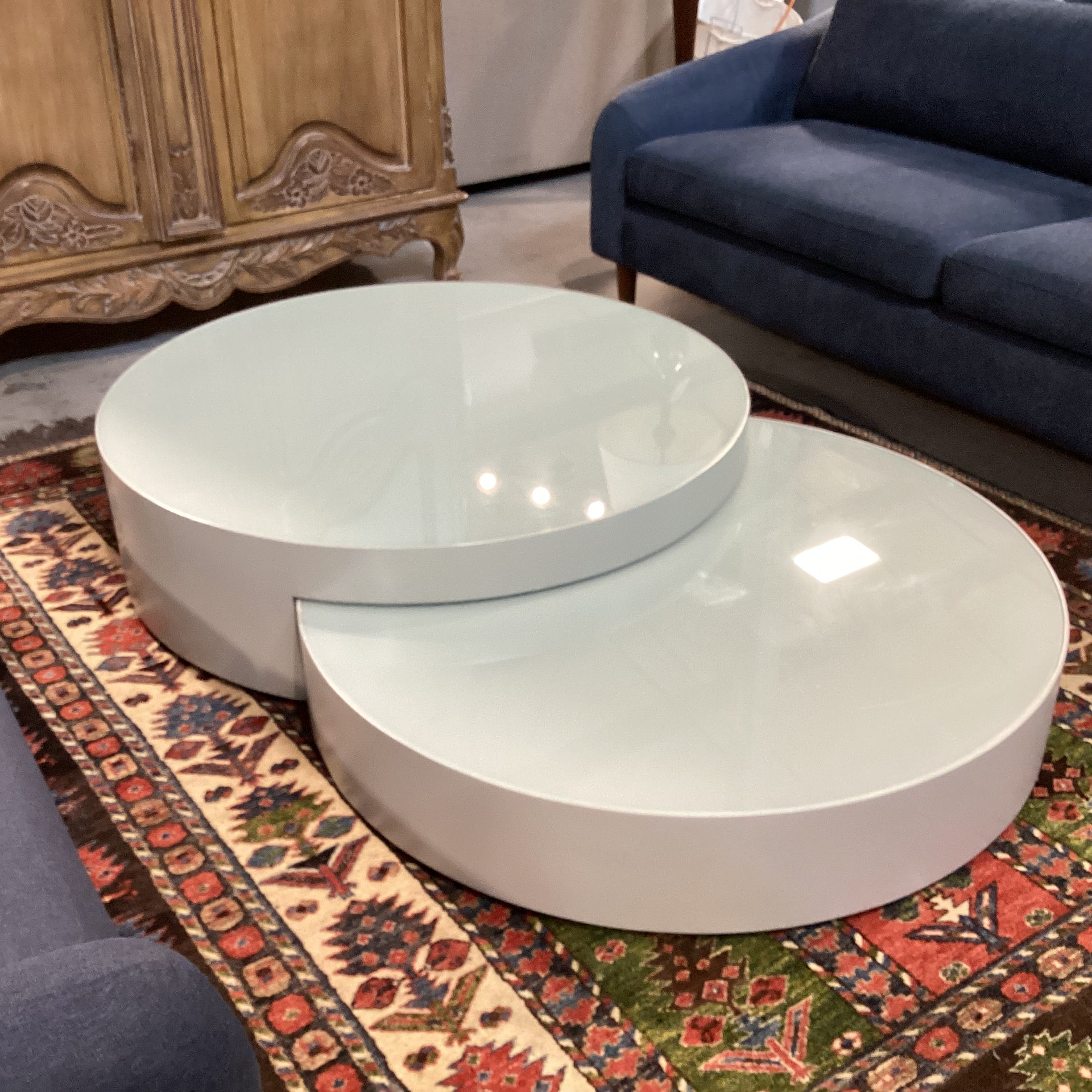Modern Grey Lacquer & Glass Top Double Nesting Circles Coffee Table 67"x 43.5"x 12"