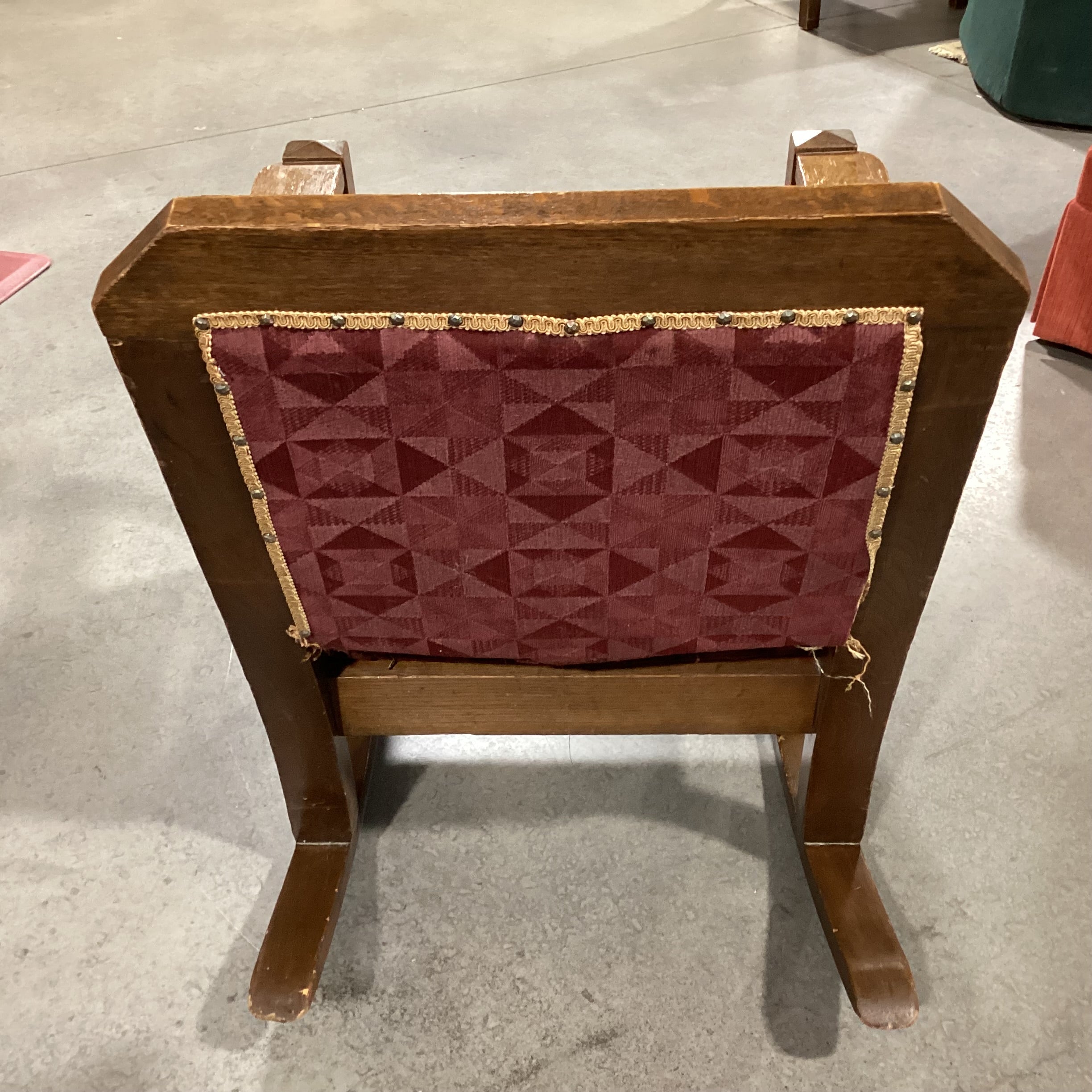 Antique Oak and Burgundy Velvet Nailhead Rocking Chair 29”x 36”x 37”