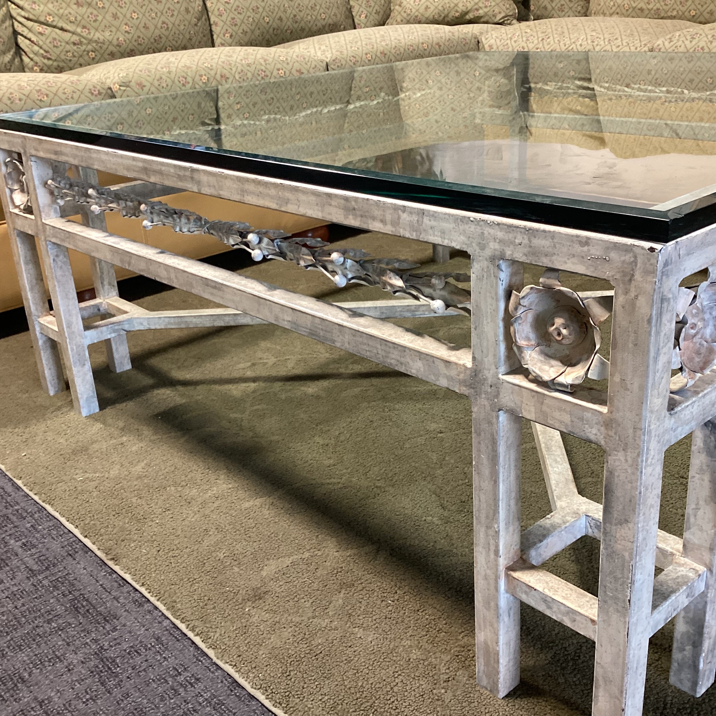 Brushed Antiqued Ivory Iron with Floral Detail & Glass Coffee Table 48"x 48"x 20"