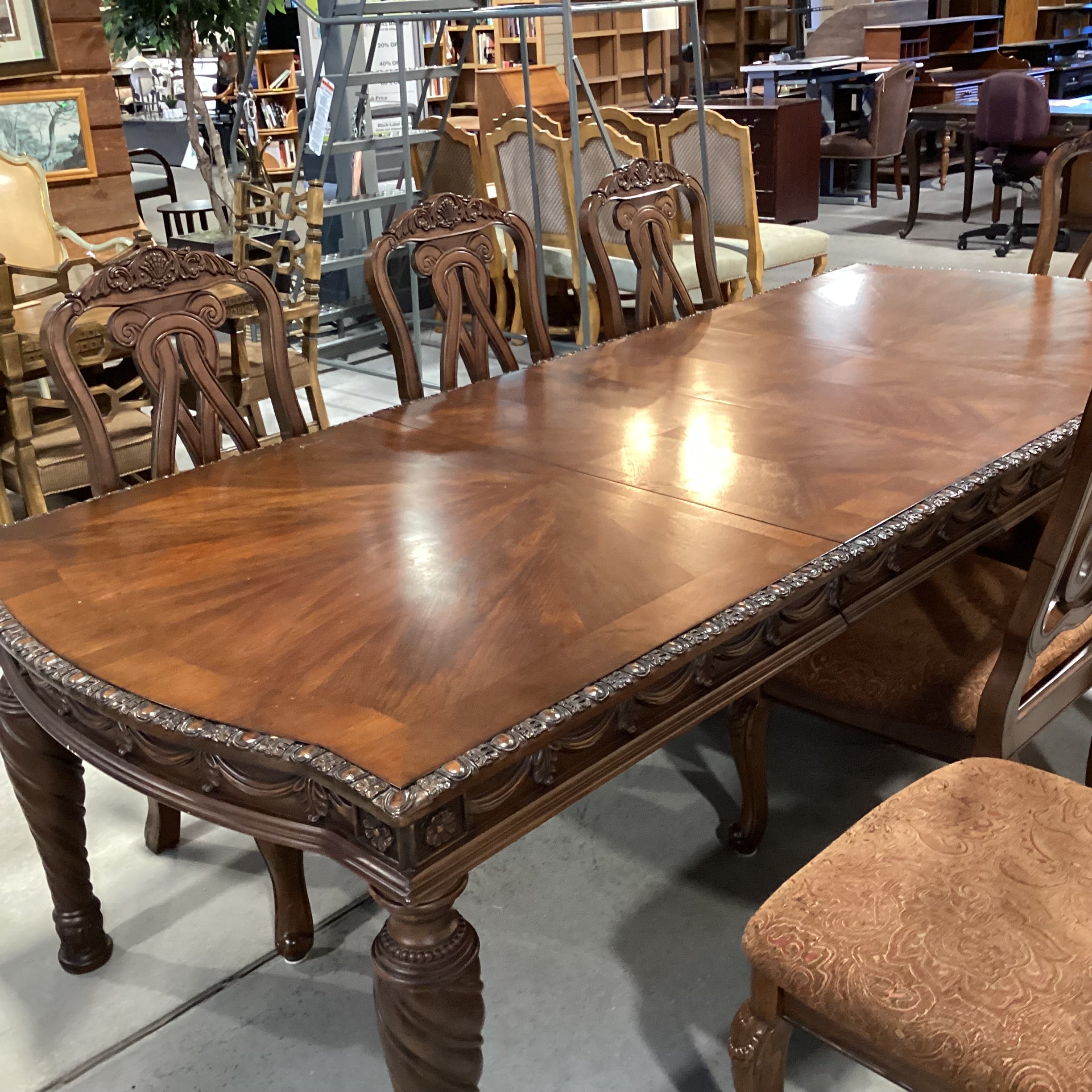 Ashley Furniture North Shore Ornate Carved Wood 2 Leaf Table with 8 Chairs Dining Set 108"x 44"X 31"