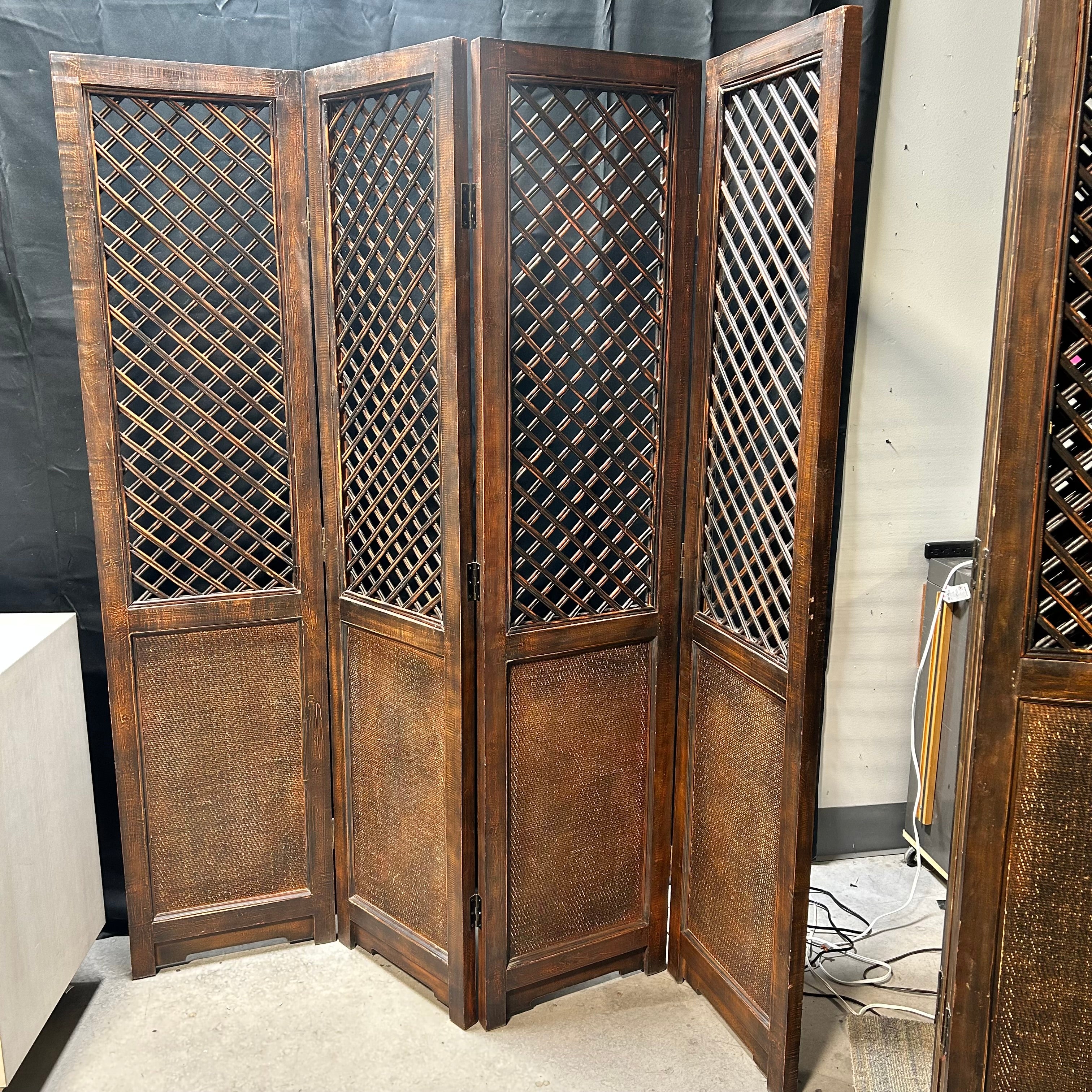 4 Panel Wood Lattice & Rattan Panel Room Divider 72"x 75.5"