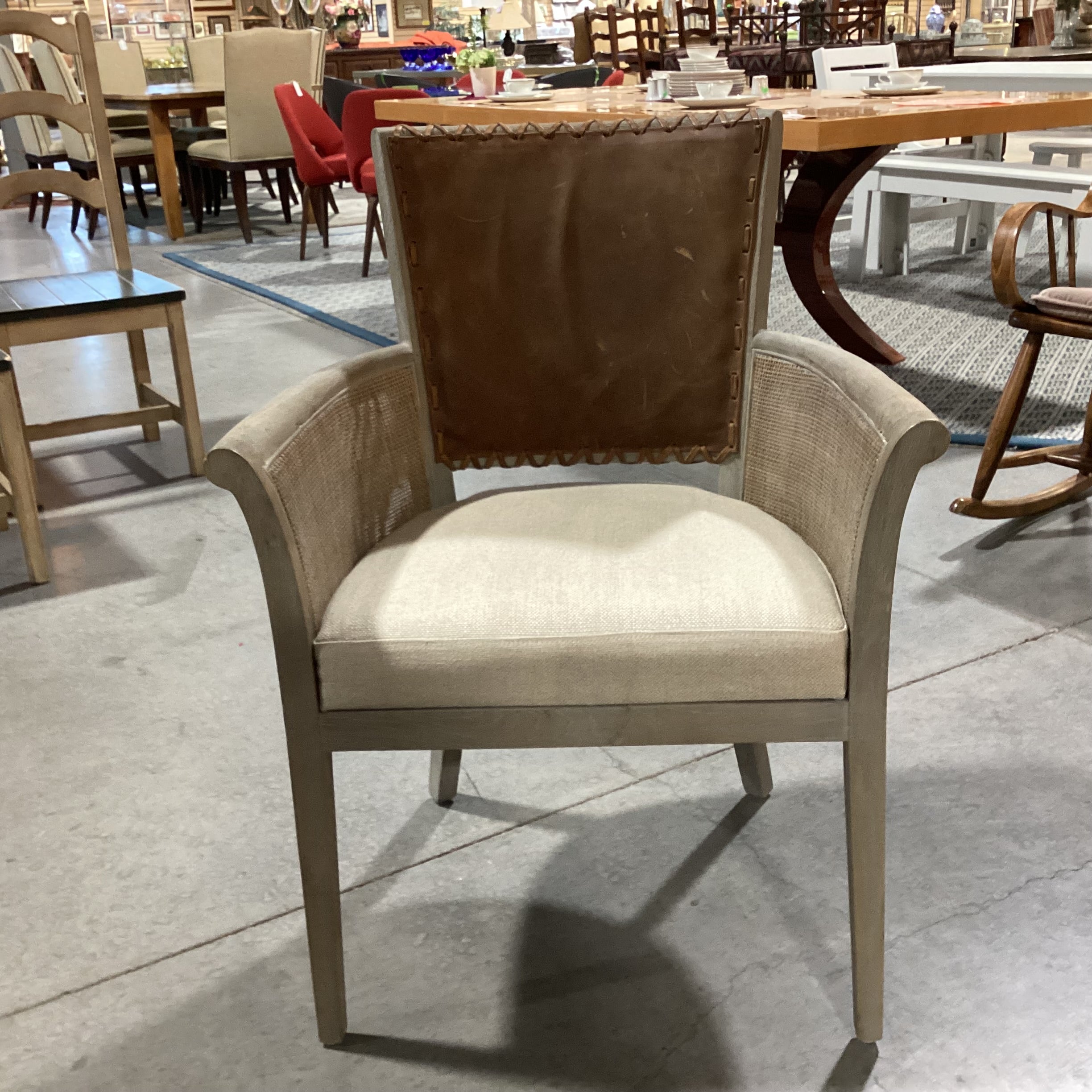 Washed Grey Wood Woven Sides Leather Back Linen Seat Chair 26"x 23"x 35"