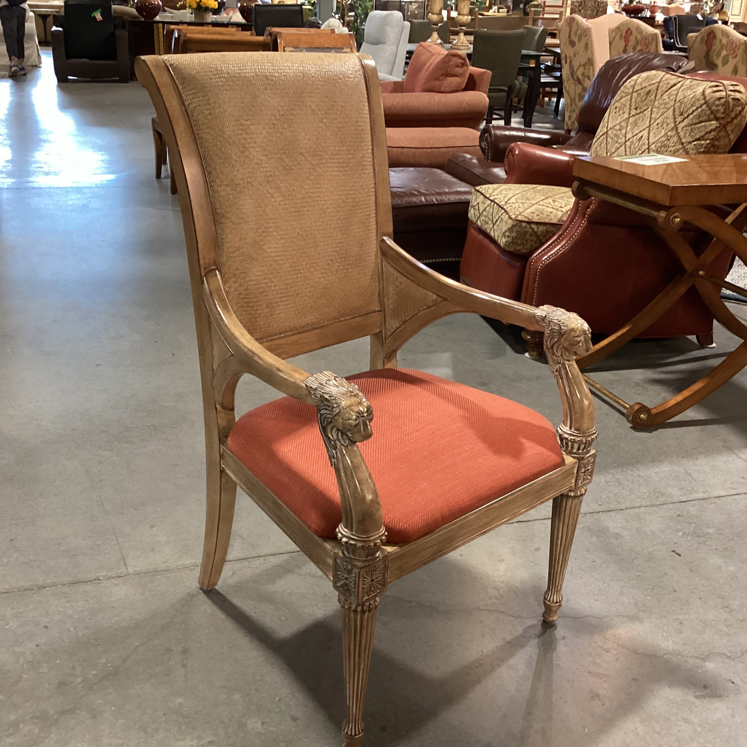 Carved Lionshead Antiqued Finish Wood Woven Leather & Burnt Orange Linen Chair 26"x 26"x 44"