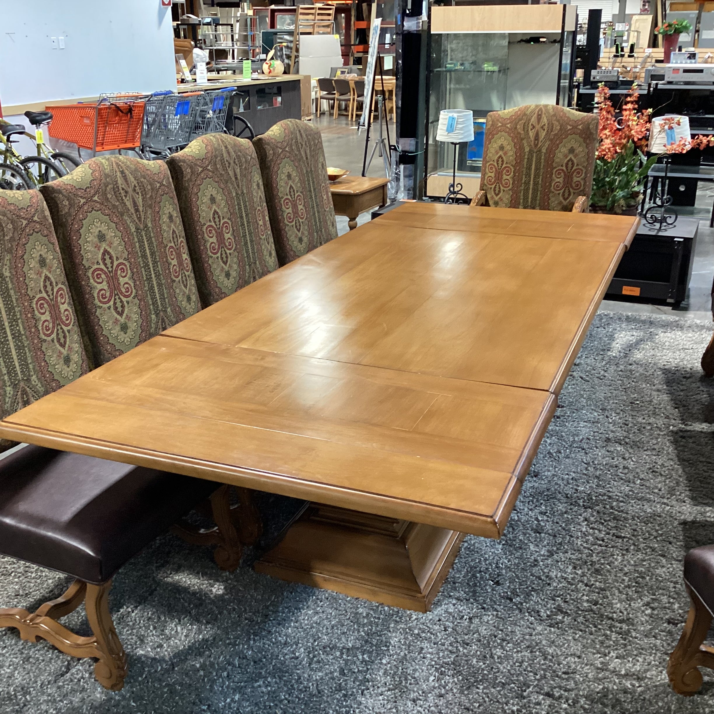 Custom Solid Wood 2 End Extend Leaves Double Pedestal Table with 10 Chairs Dining Set 120"x 48"x 30.5"