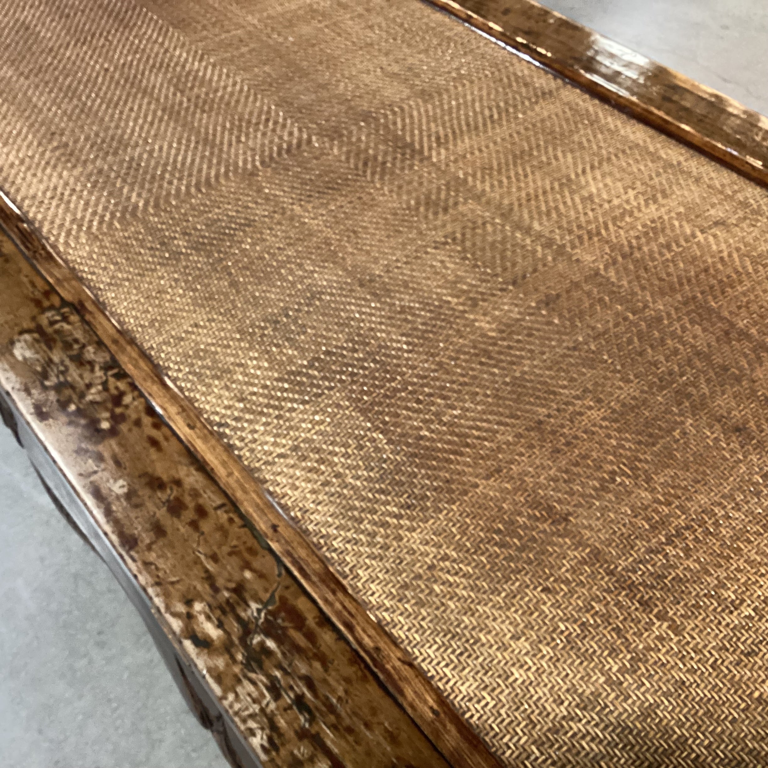 Asian Inspired Carved Distressed Wood & Rattan Raffia Woven Inset Coffee Table 72"x 35"x 21"