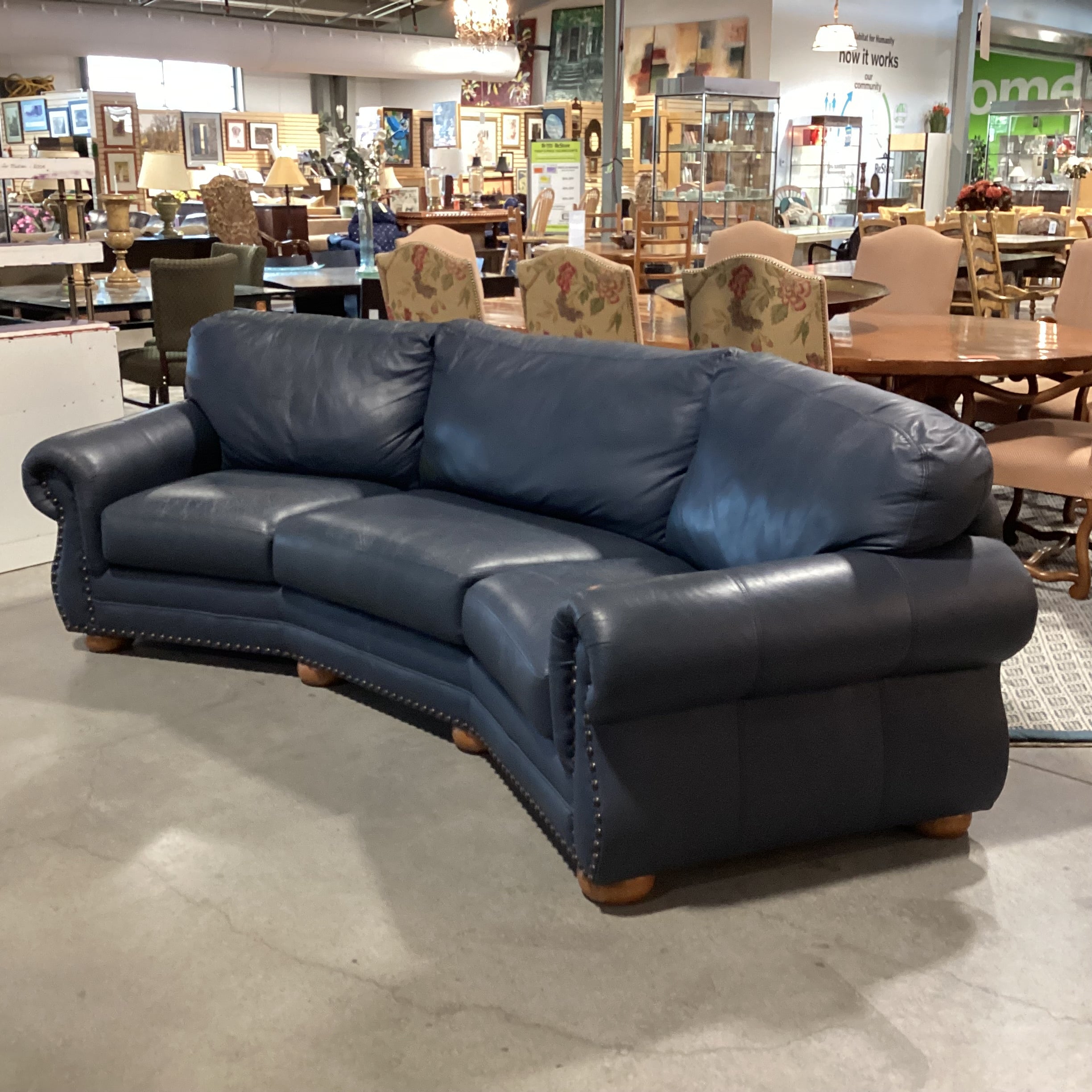 Creative Leather Furniture HighPoint Collection Angled Navy Leather Nailhead Sofa 120"x 54"x 36"