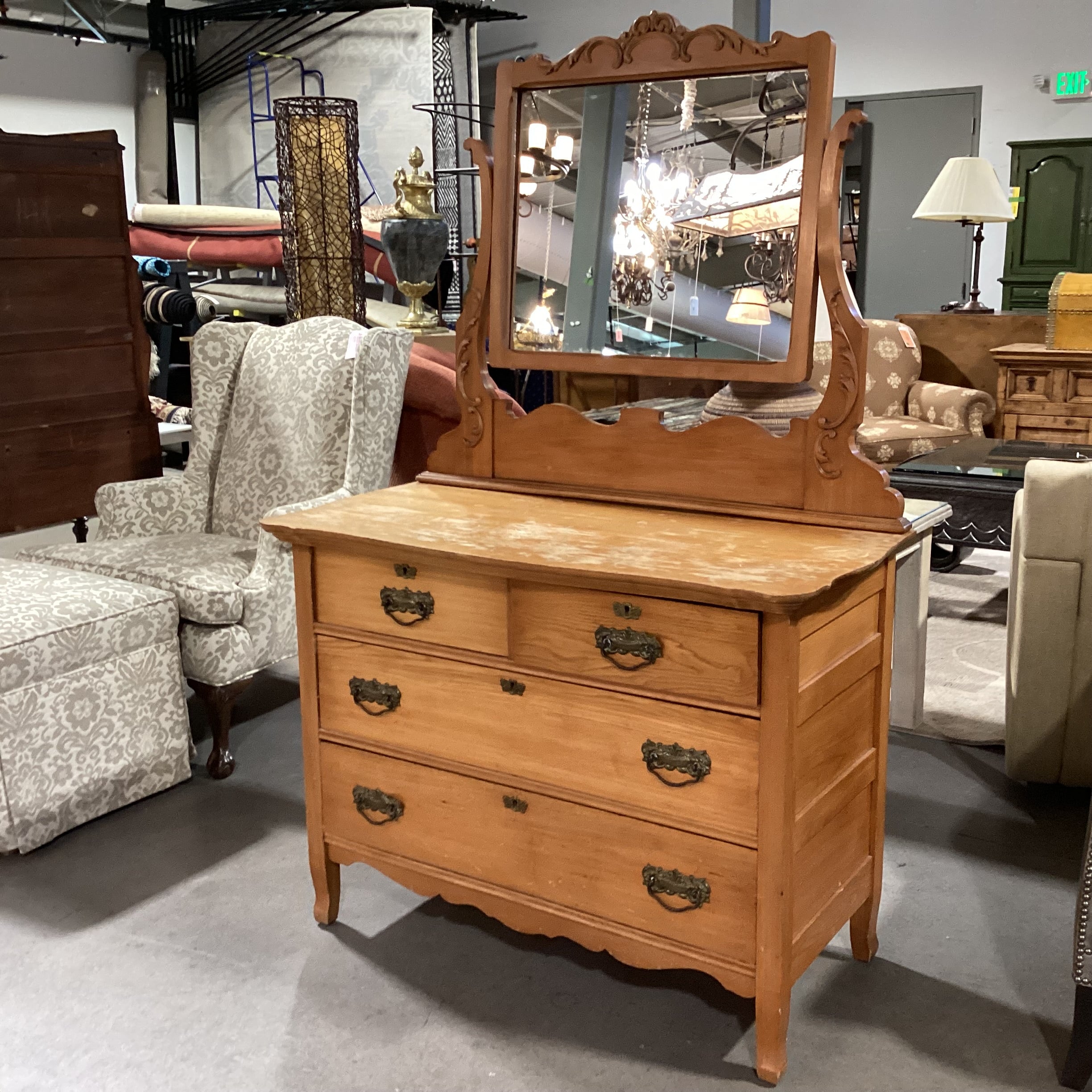 Antique Light Finish Wood 4 Drawer with Ornate Mirror Chest 43"x 22"x 67"