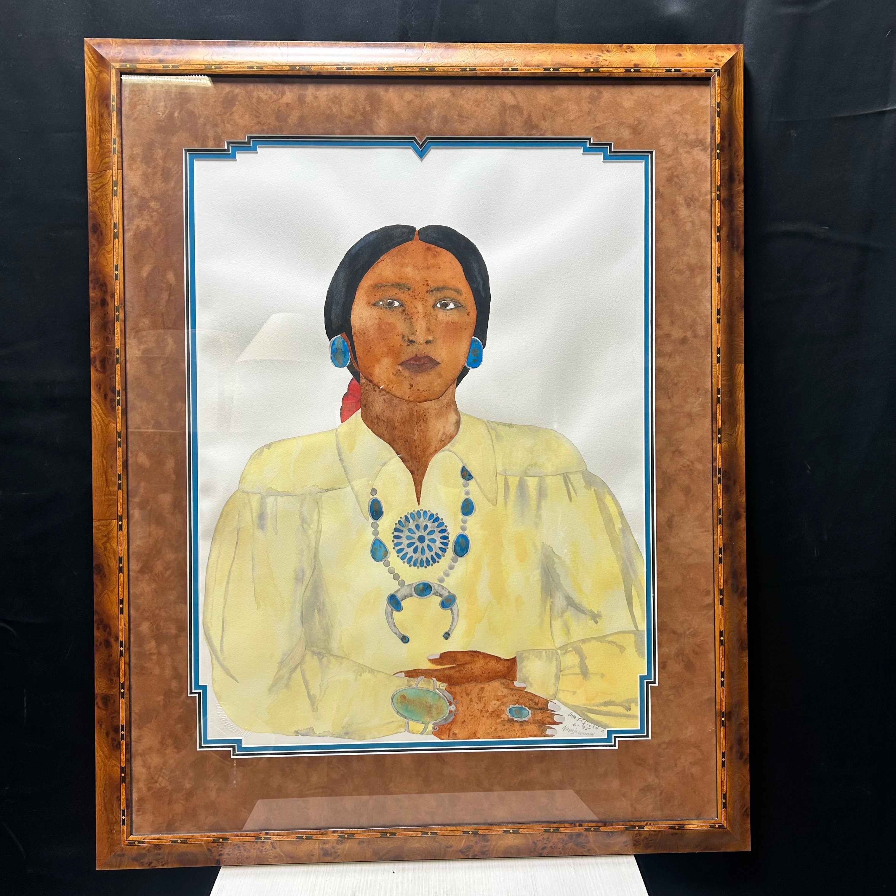 Lisa FiField 1995 Water Color "Navajo Woman" With Burl Wood Frame  32"x 39"