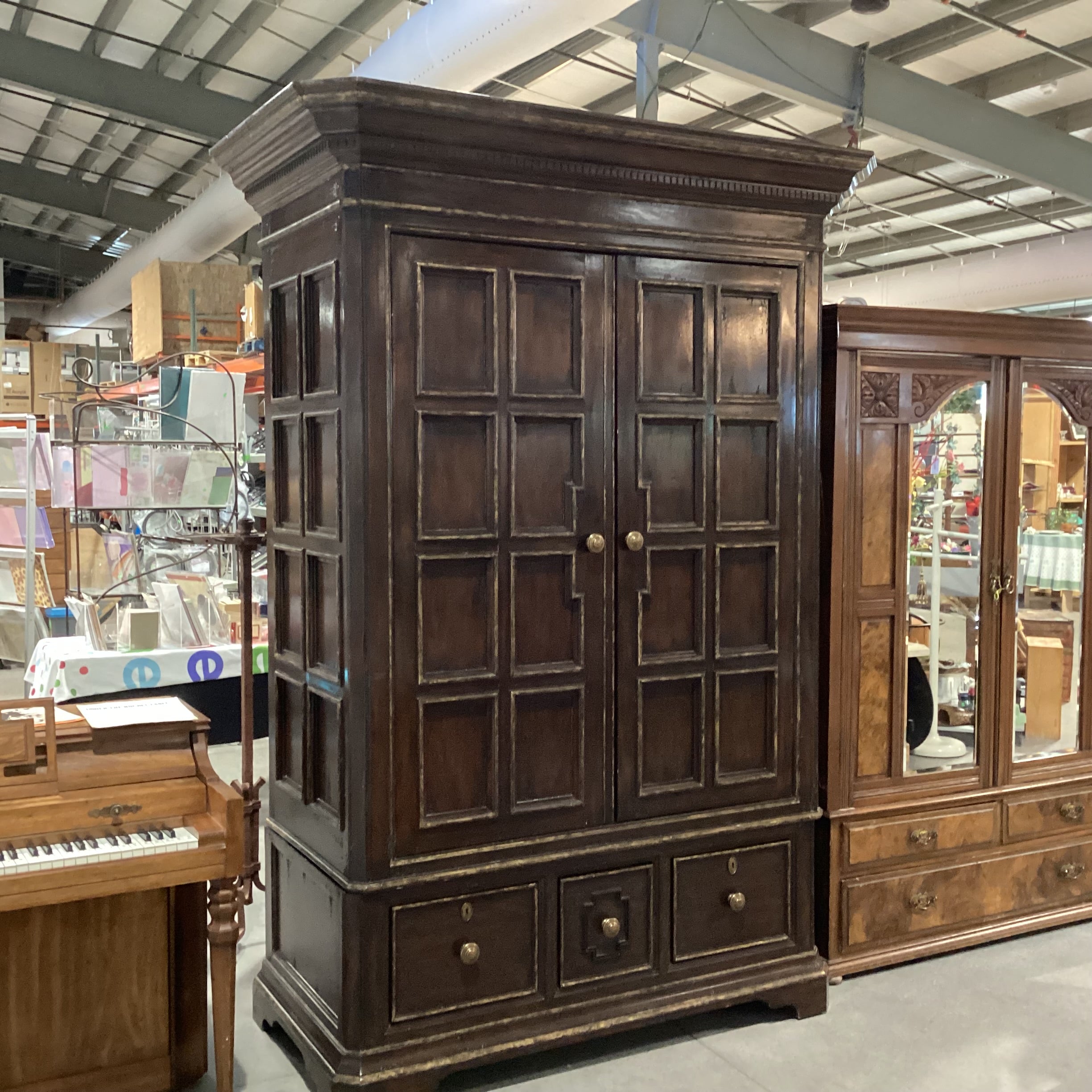 Marge Carson Dark Distressed with Brushed Gold Carved Wood Brass Pulls 5 Drawer 2 Door Wardrobe Armoire 64"x 32"x 94"