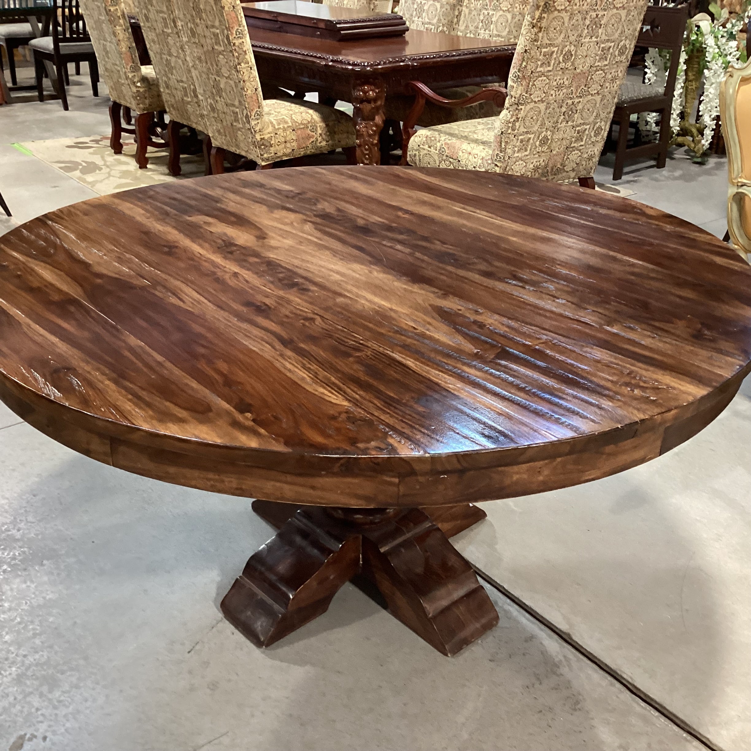 Dark Distressed Finish Round Solid Wood with Pedestal Dining Table 60" Diameter x 30.5"