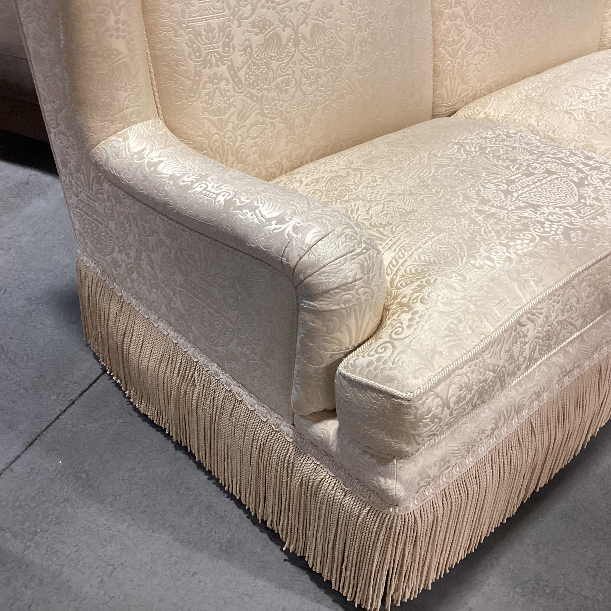 Custom Gold Raised Stitched Floral Urns with Piping & Fringe Down Mix High Back Sofa 102"x 41"x 41"