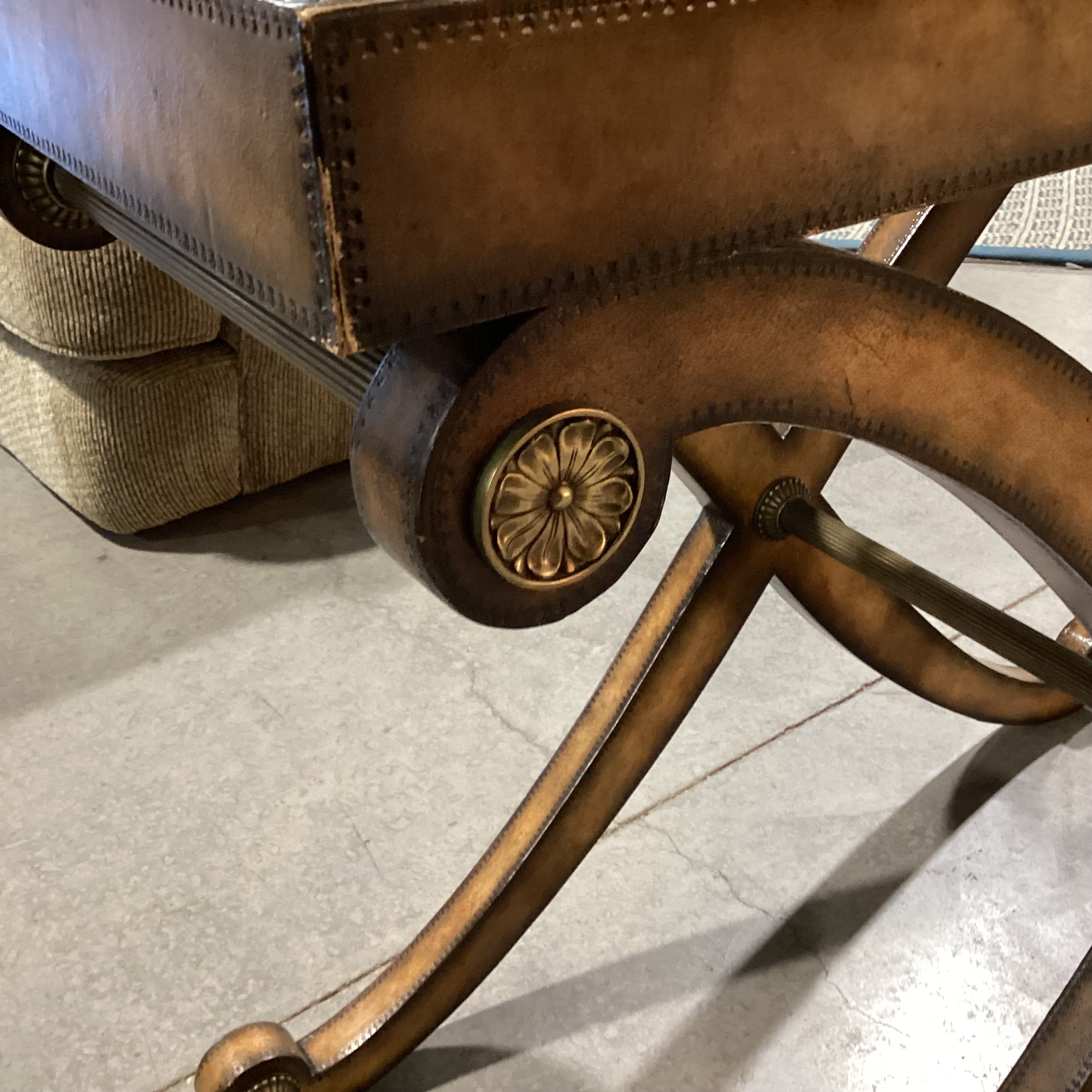 Kreiss Neoclassical Leather with Stitched Accent & X Base Antiqued Brass Stretches Console Sofa Table 40"x 18"x 32.5"