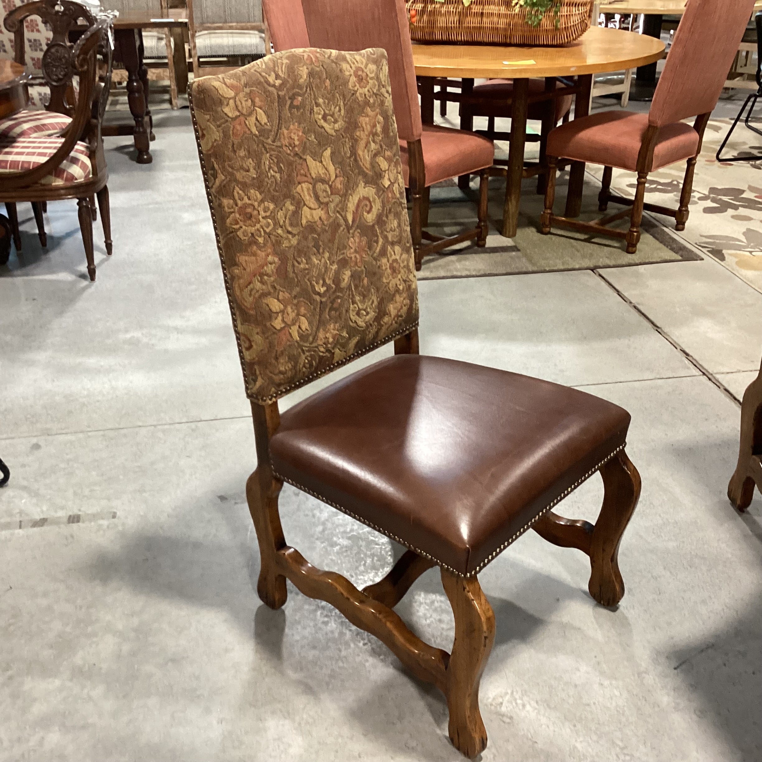 Distressed Finished Wood with Leaf & 8 Carved Wood Leather & Upholstery Chairs Dining Set 120"x 44"x 30"