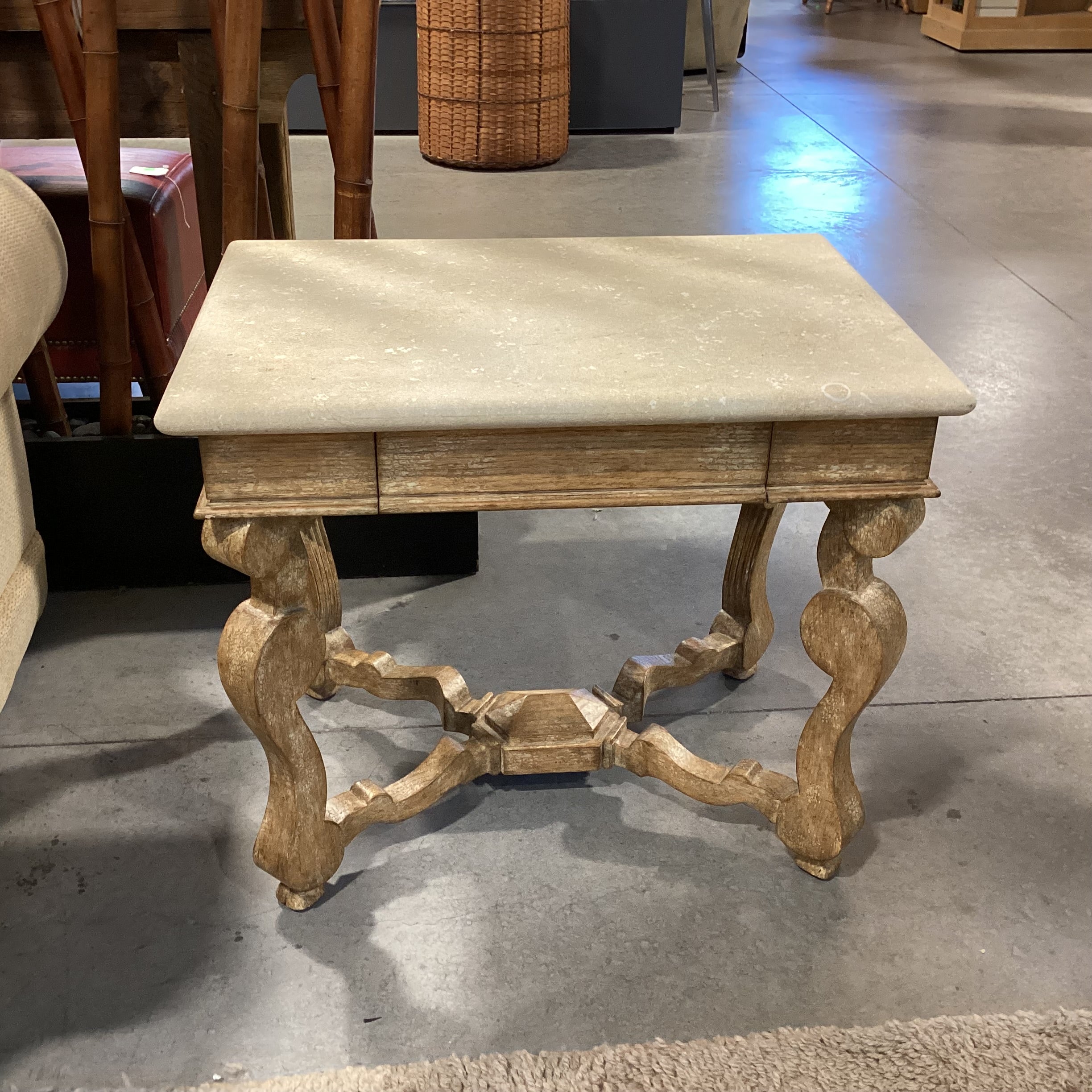 Blonde Antiqued Distressed Finish Carved Wood & Stone End Table 28"x 20"x 24"