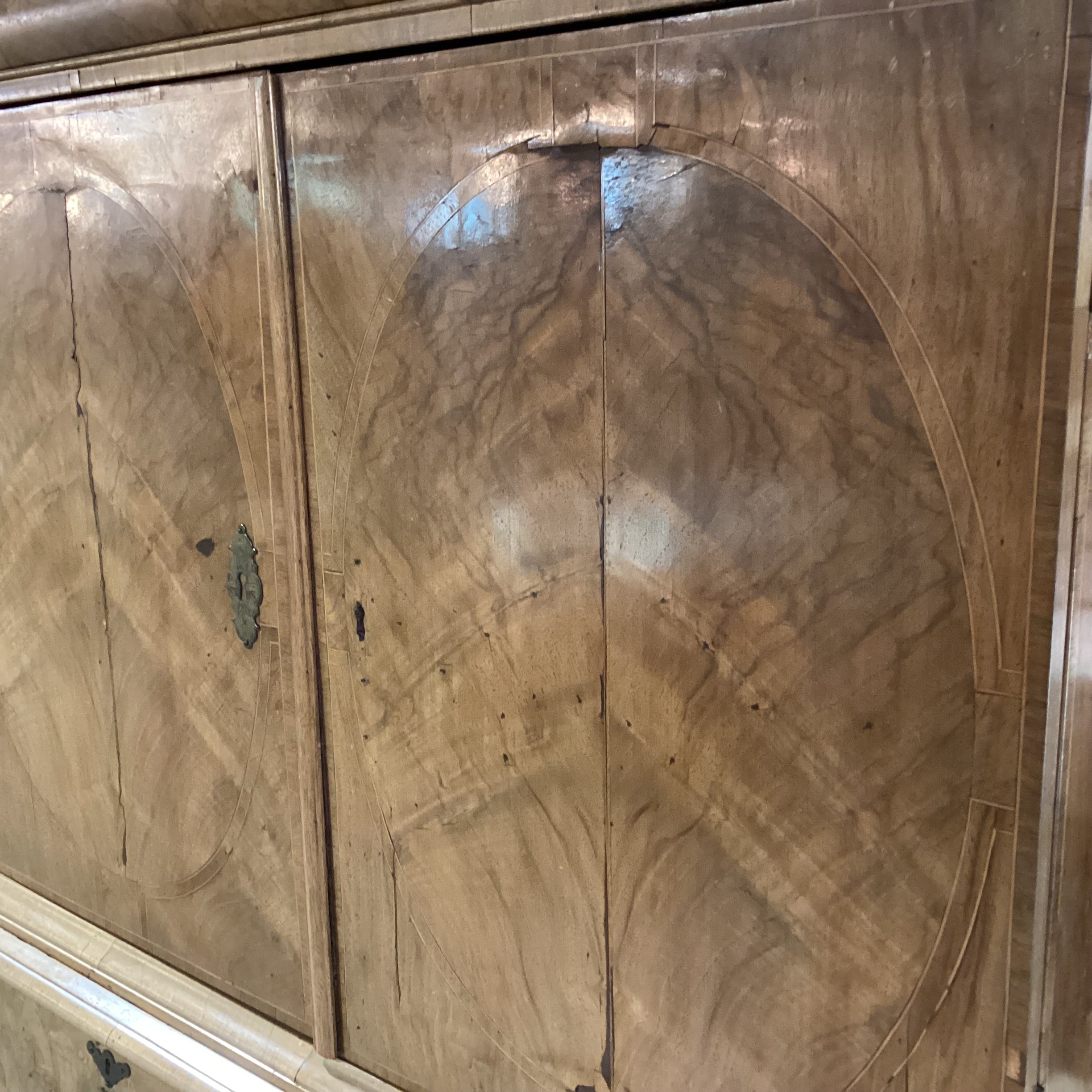 Antique English Burr Walnut Veneer Inlay & Brass Ornate Pulls 18 Drawer 2 Door 2 Piece Cabinet Chest 41"x 18"x 66"
