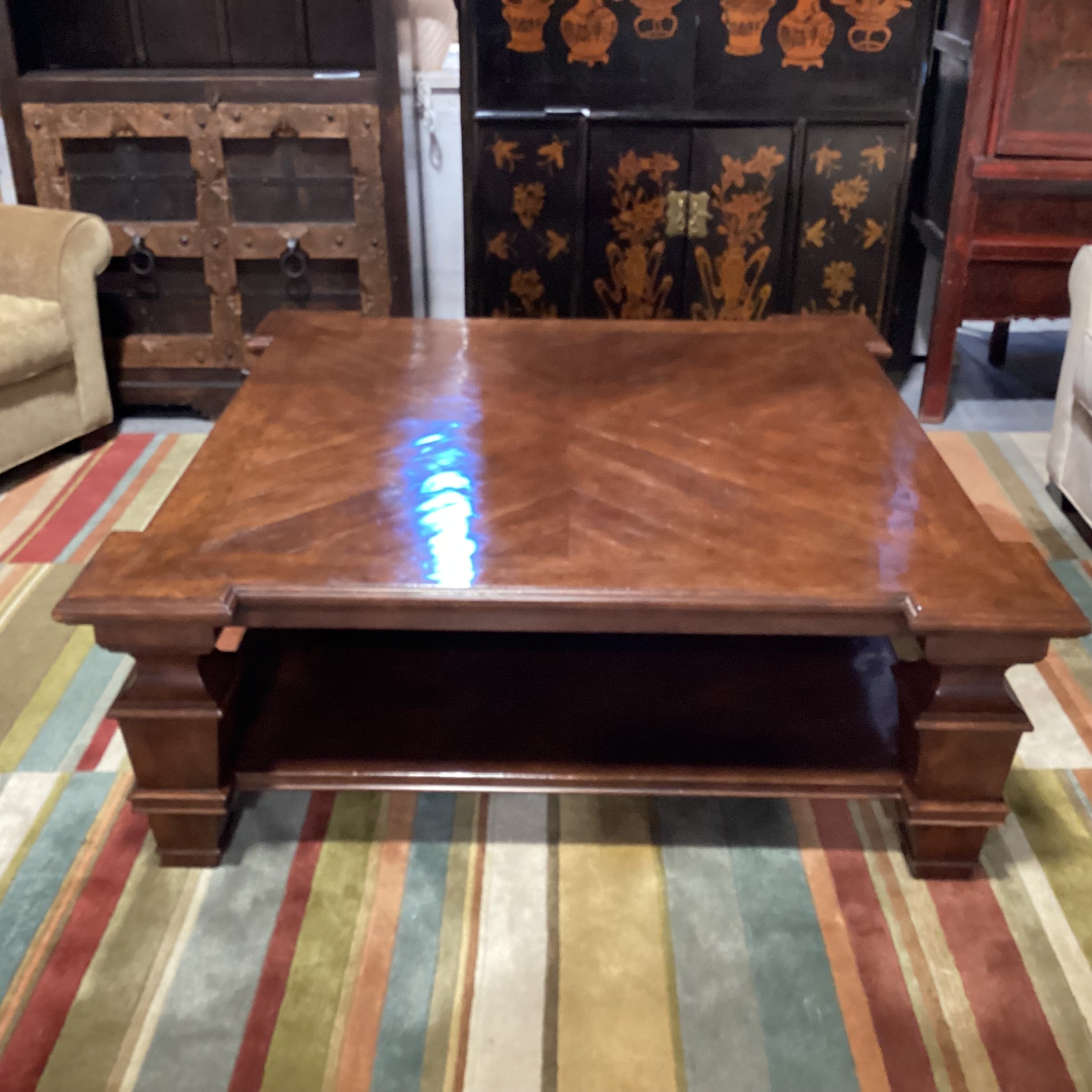 Carved Wood with Dark Lacquered Distressed Finish Matched Inset & Bottom Shelf Coffee Table 60"x 60"x 21"