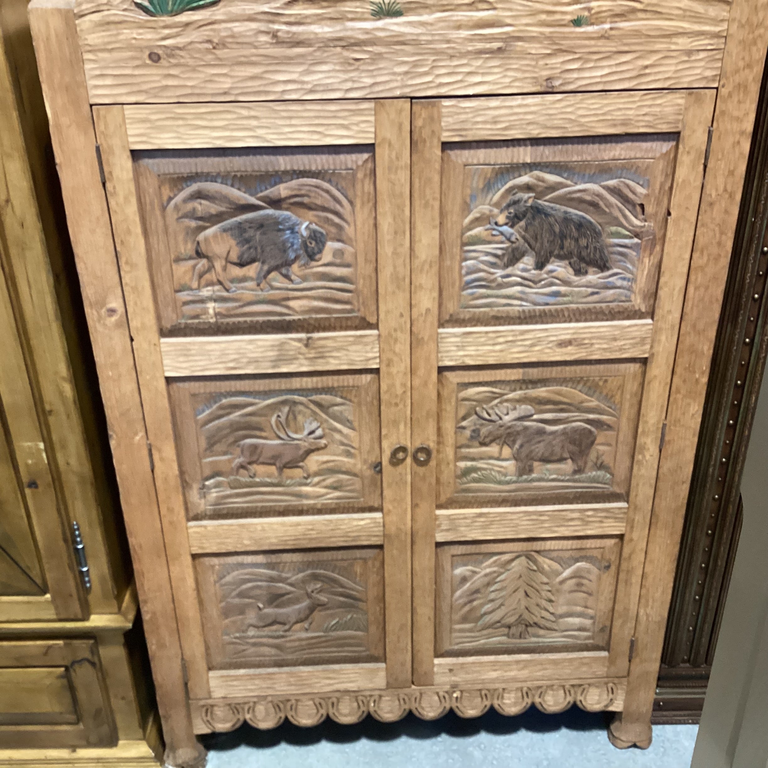 Rustic Hand Carved Bear Moose Elk Buffalo 2 Door with Shelves Armoire 48"x 26"x 84"