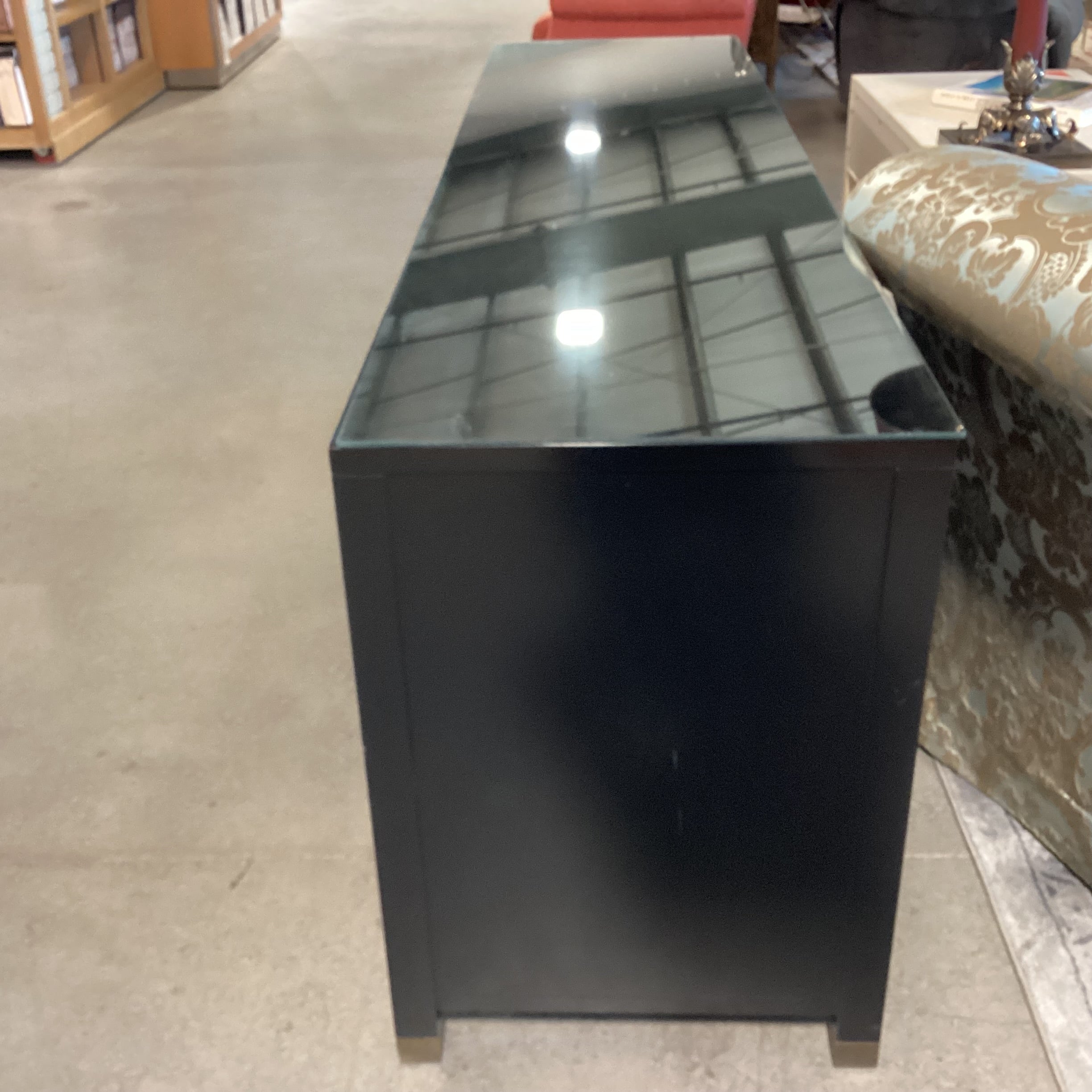 Bolier & Co Vintage Black Lacquer Dark Finished Wood Veneer & Gold Gilt 4 Door 6 Drawer & Shelves Credenza 82"x 21"x 30.5"