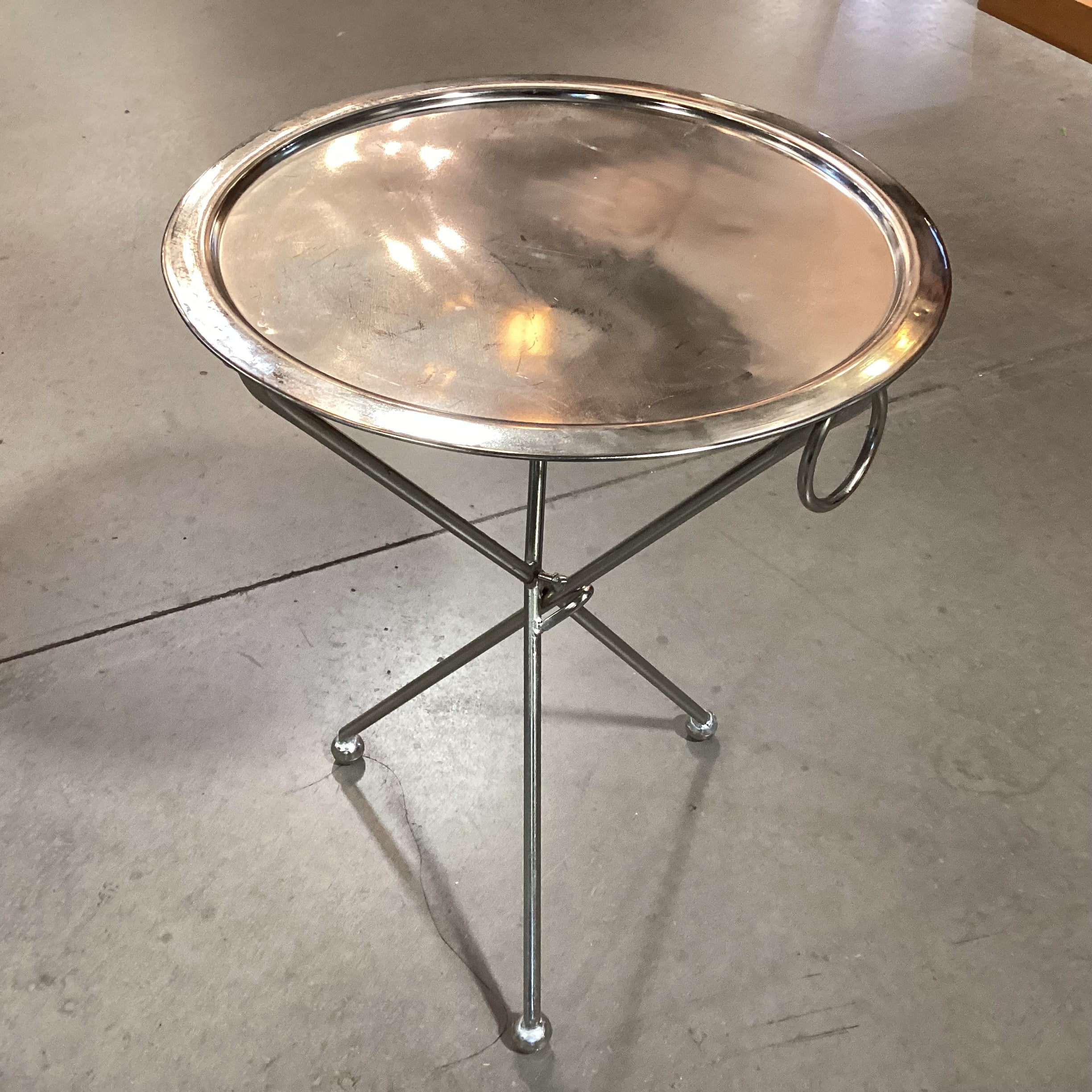 Vintage Folding Silver Plated Tripod Tray Accent Table 18" Diameter x 24"