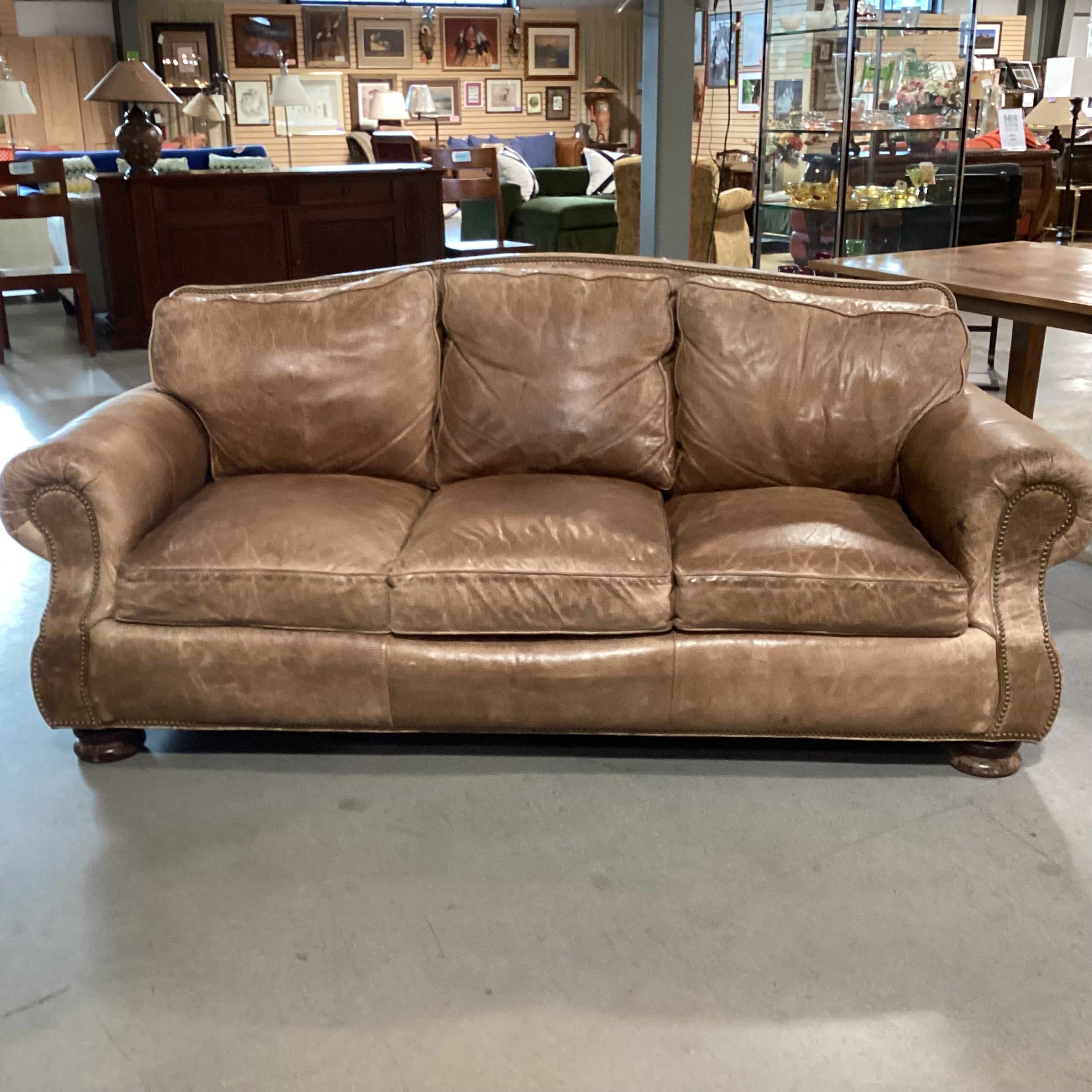 Leather Nailhead Arch Back Roll Arm Sofa 87"x 41"x 36"