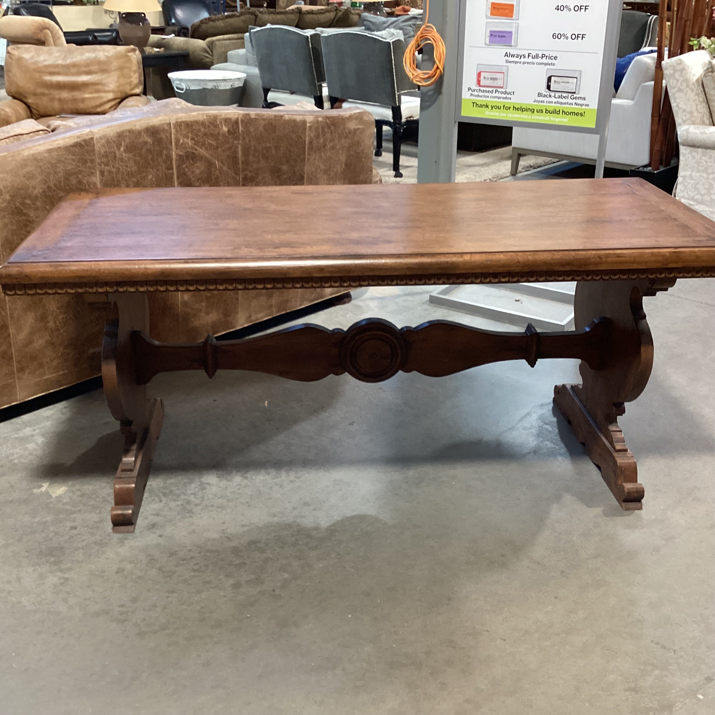 Distressed Finish Carved Wood with Dental Detail& Trestle Accent Table 70.5"x 30"x 30"