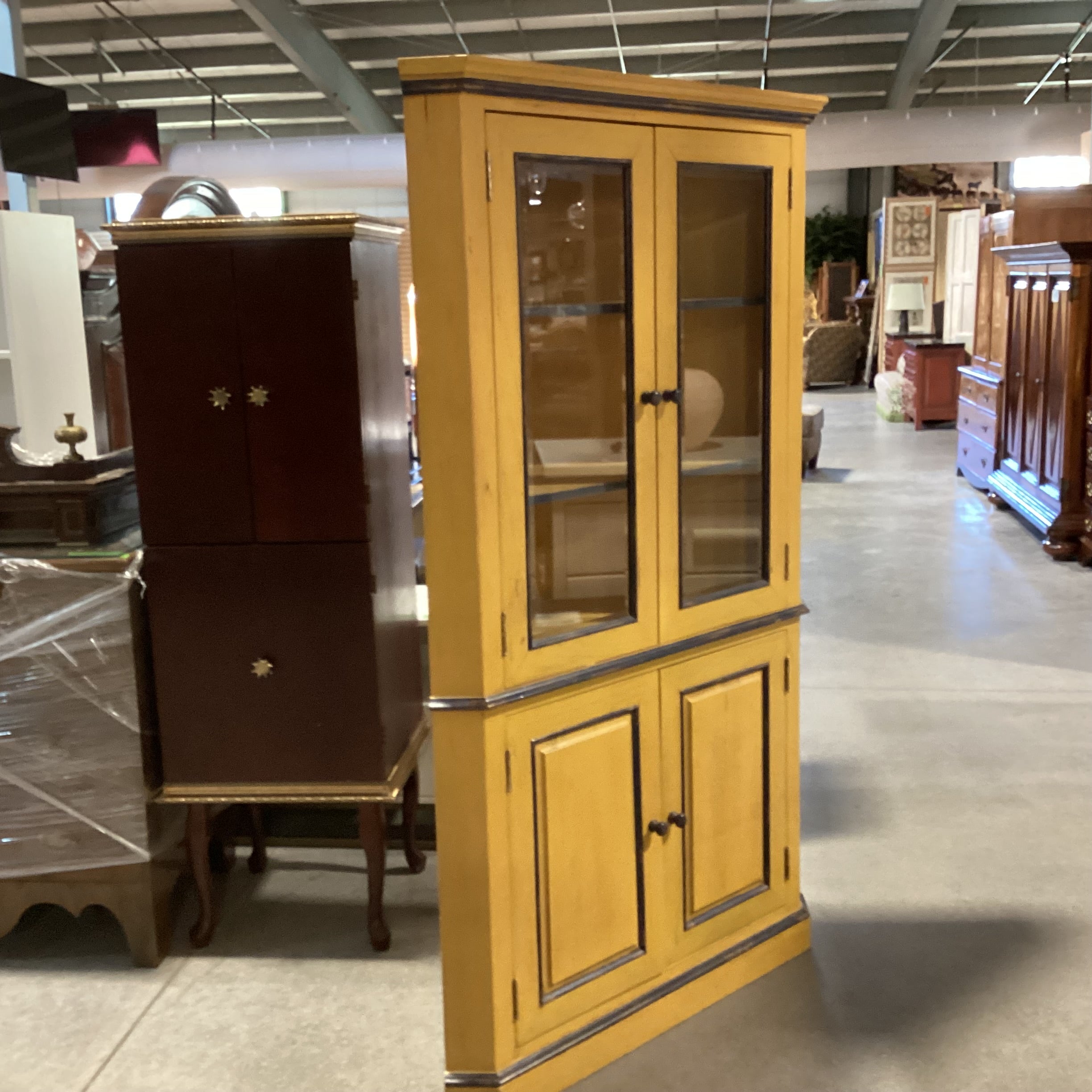 Gold & Navy Distressed Wood 2 Beveled Glass Doors & 2Wood with Shelves Corner Armoire 42"x 32"x 72.5"
