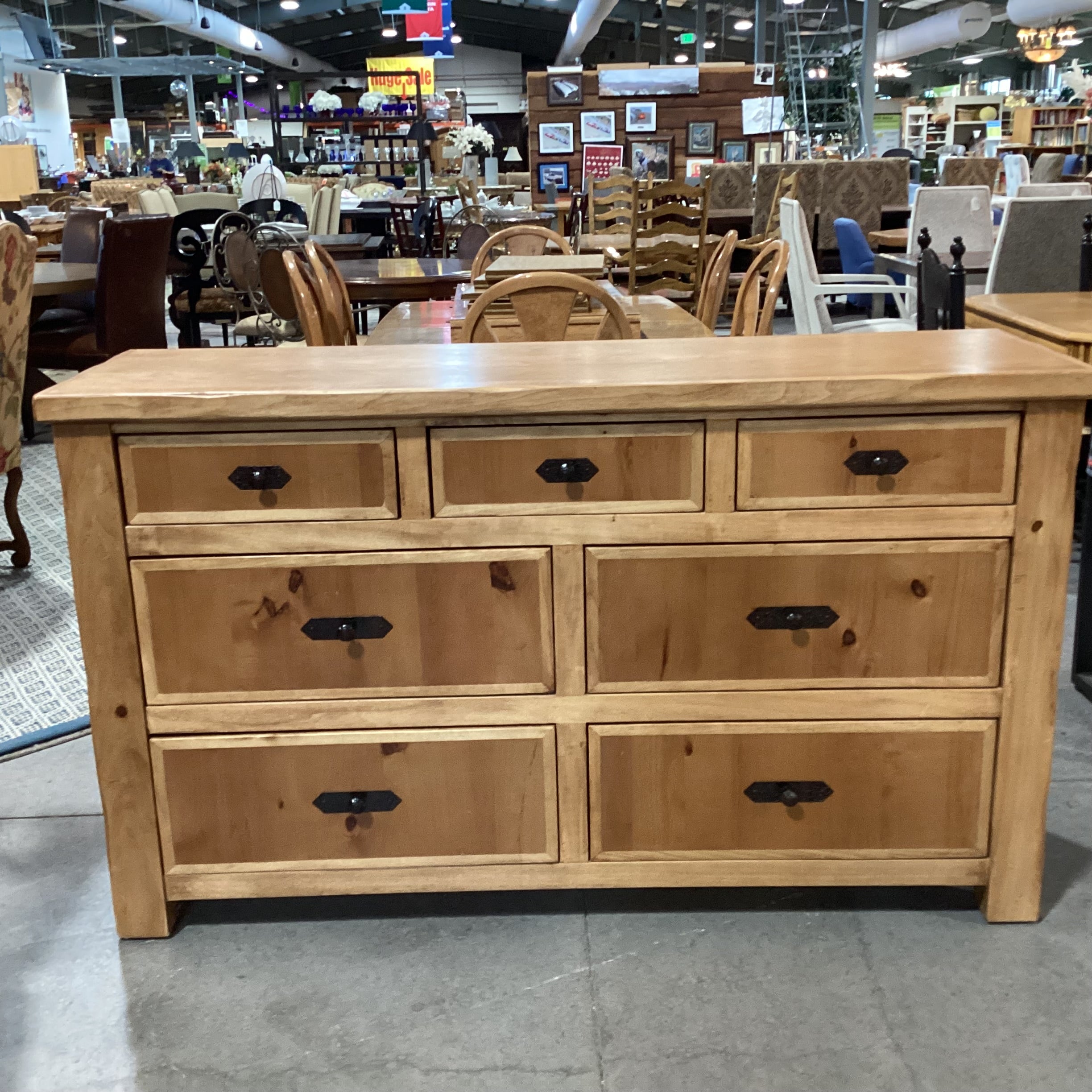 2 Tone Light Finish Solid Wood with Iron Accent 7 Drawer Dresser 64"x 19"x 38"