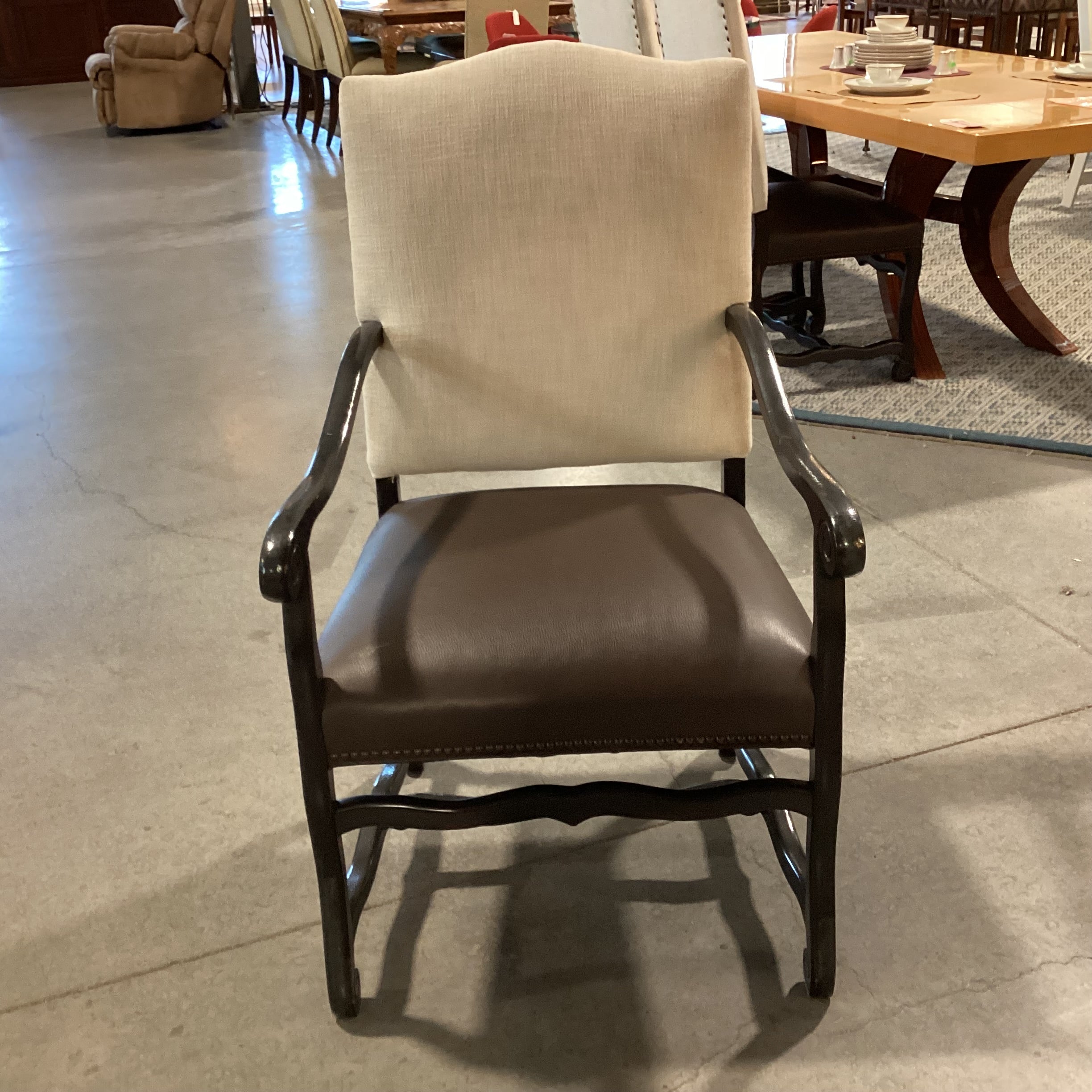 Black Carved Wood Leather Seat & Linen Nailhead Armed Dining Chair 25"x 26"x 42"