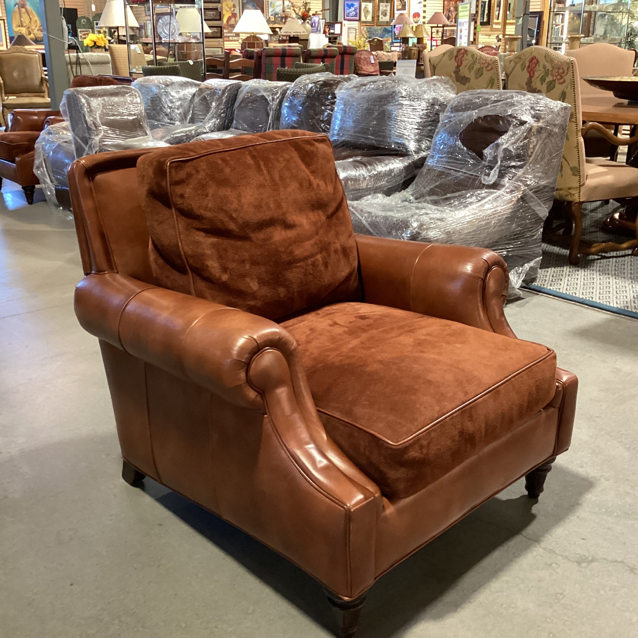 Hancock & Moore Leather & Suede Roll Arm Club Chair 40"x 44"x 35"