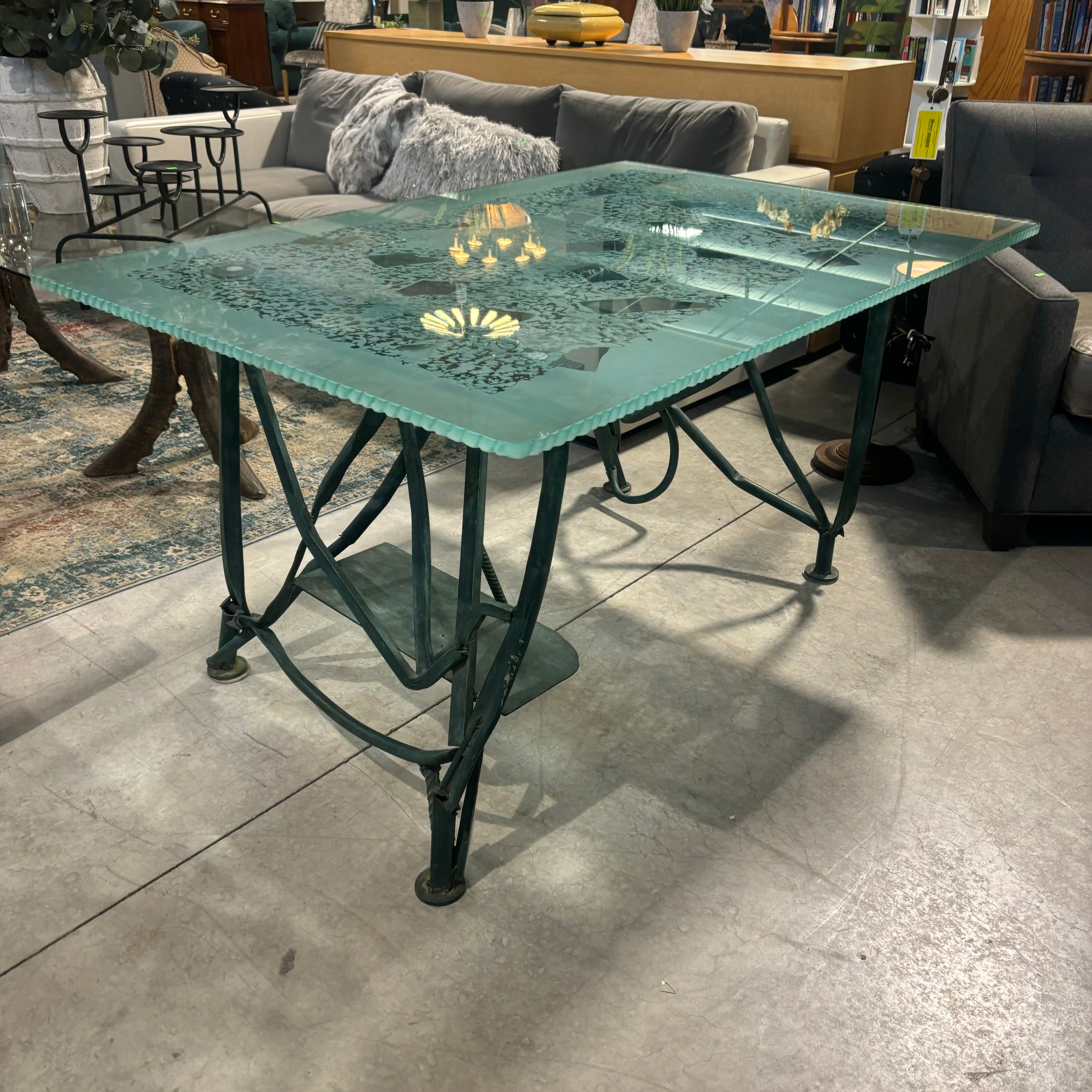 Marco De Gueltzl Patina Ornate Steel Base with Frosted Engraved Top Desk  60"x 40"x  30.5"