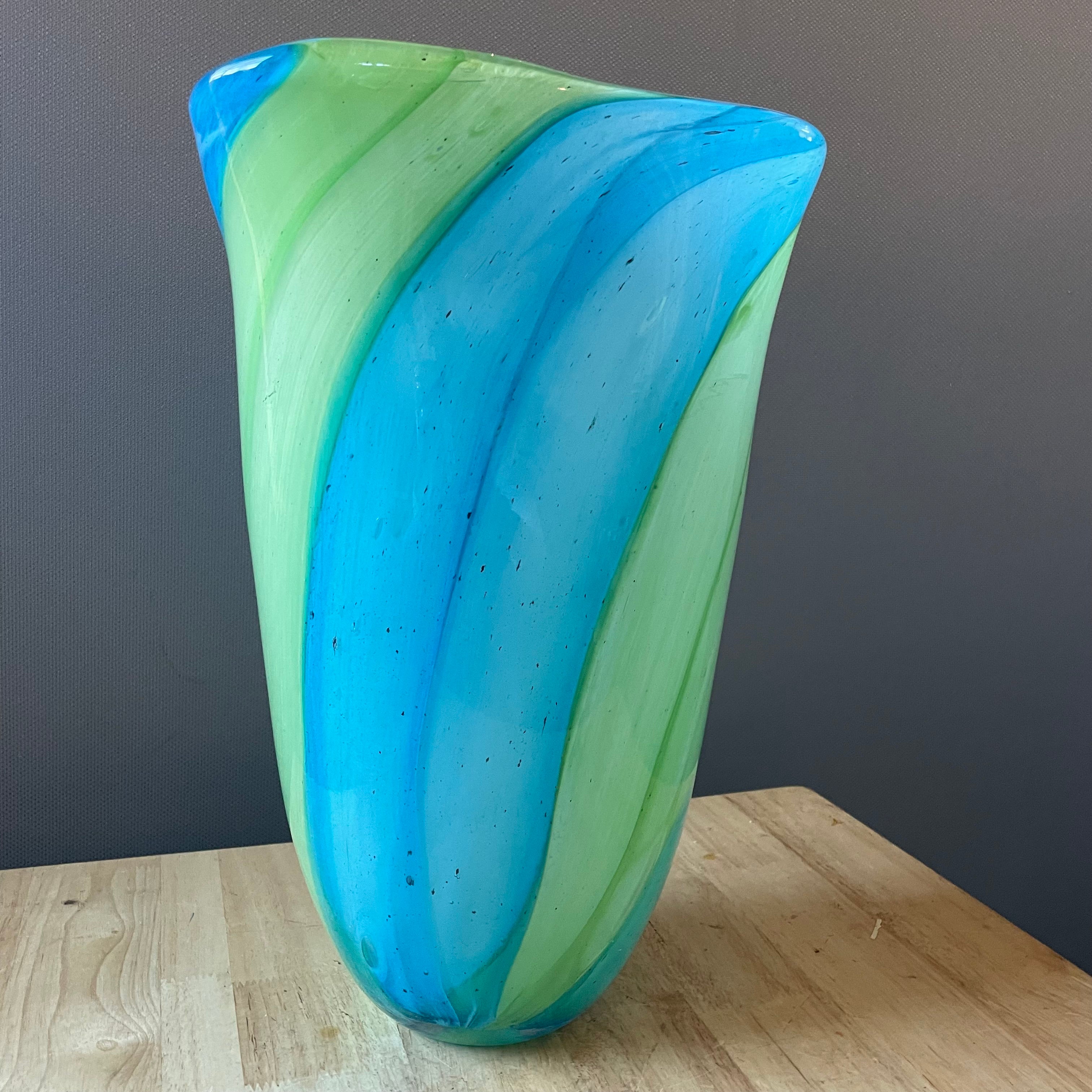 Handblown Blue/Green Swirls Glass Vase, 10"x 16"