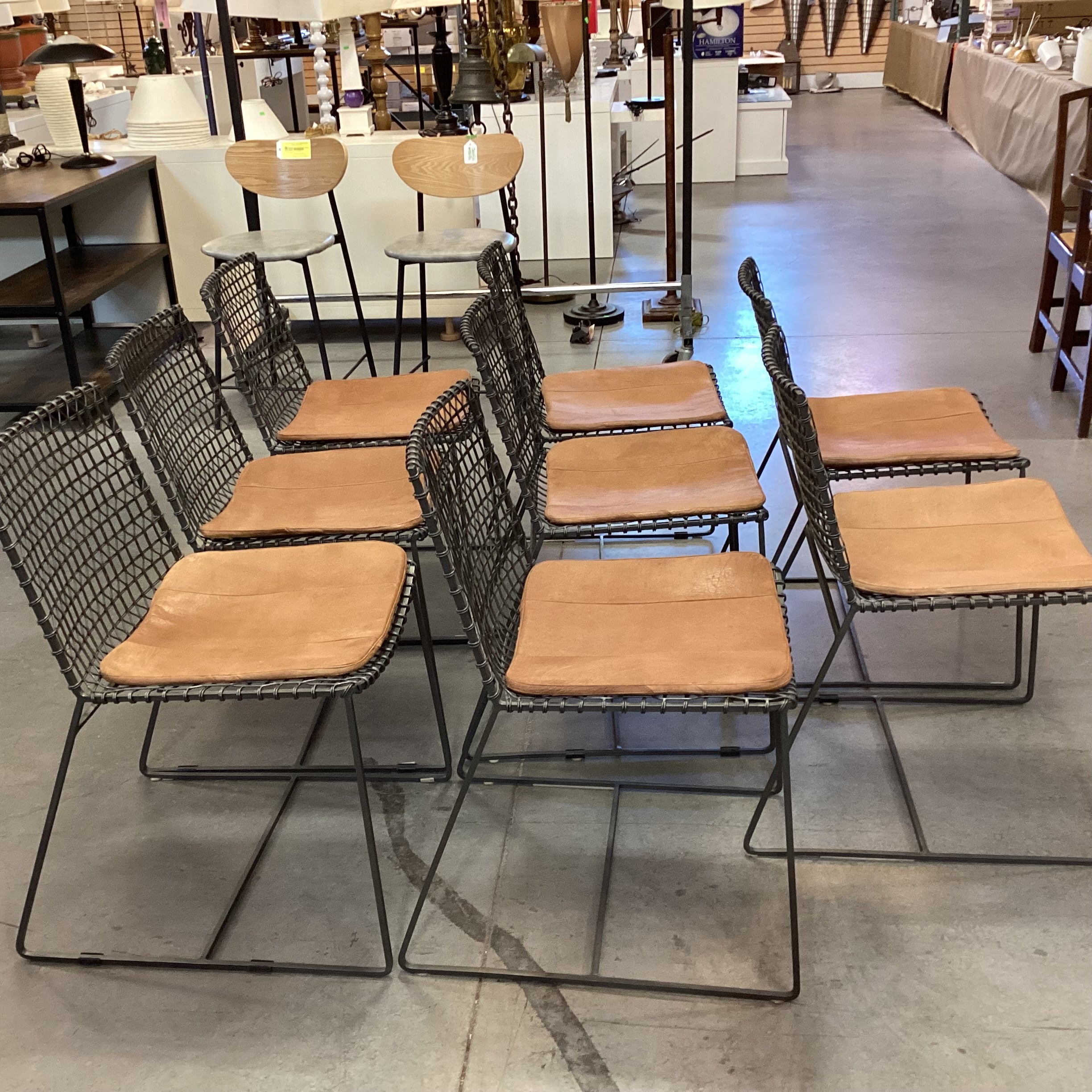 Set of 8 Crate & Barrel Tig Metal & Leather Cushion Dining Chairs  18"x 21"x 31"