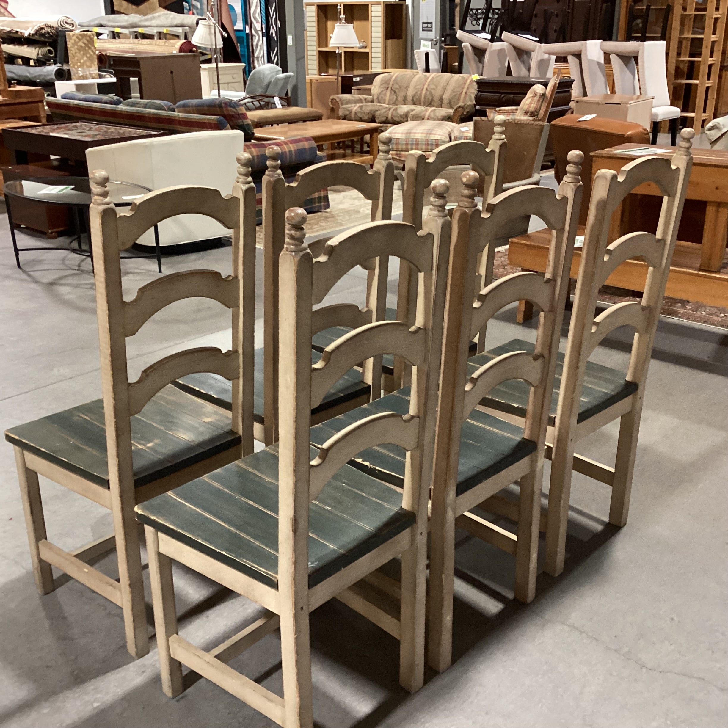 SET of 6 Buffalo Lodge & Dakota Washed Distressed Cream & Green Wood Ladder Back Ranch Dining Chairs 18"x 19"x 45"