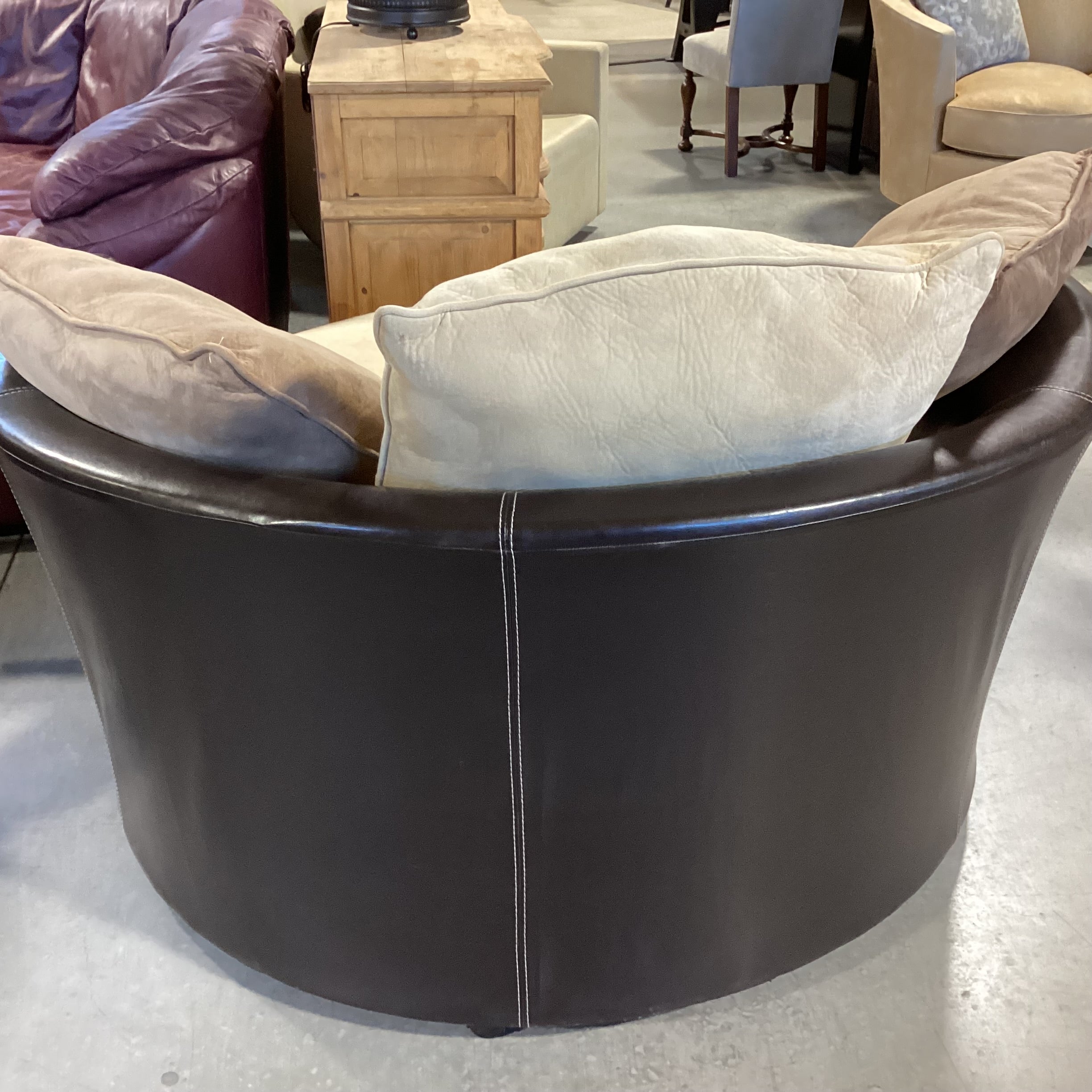 Beige Brown Micro Suede & Dark Brown Faux Leather Swivel Cuddle Chair 58"x 56"x 29"