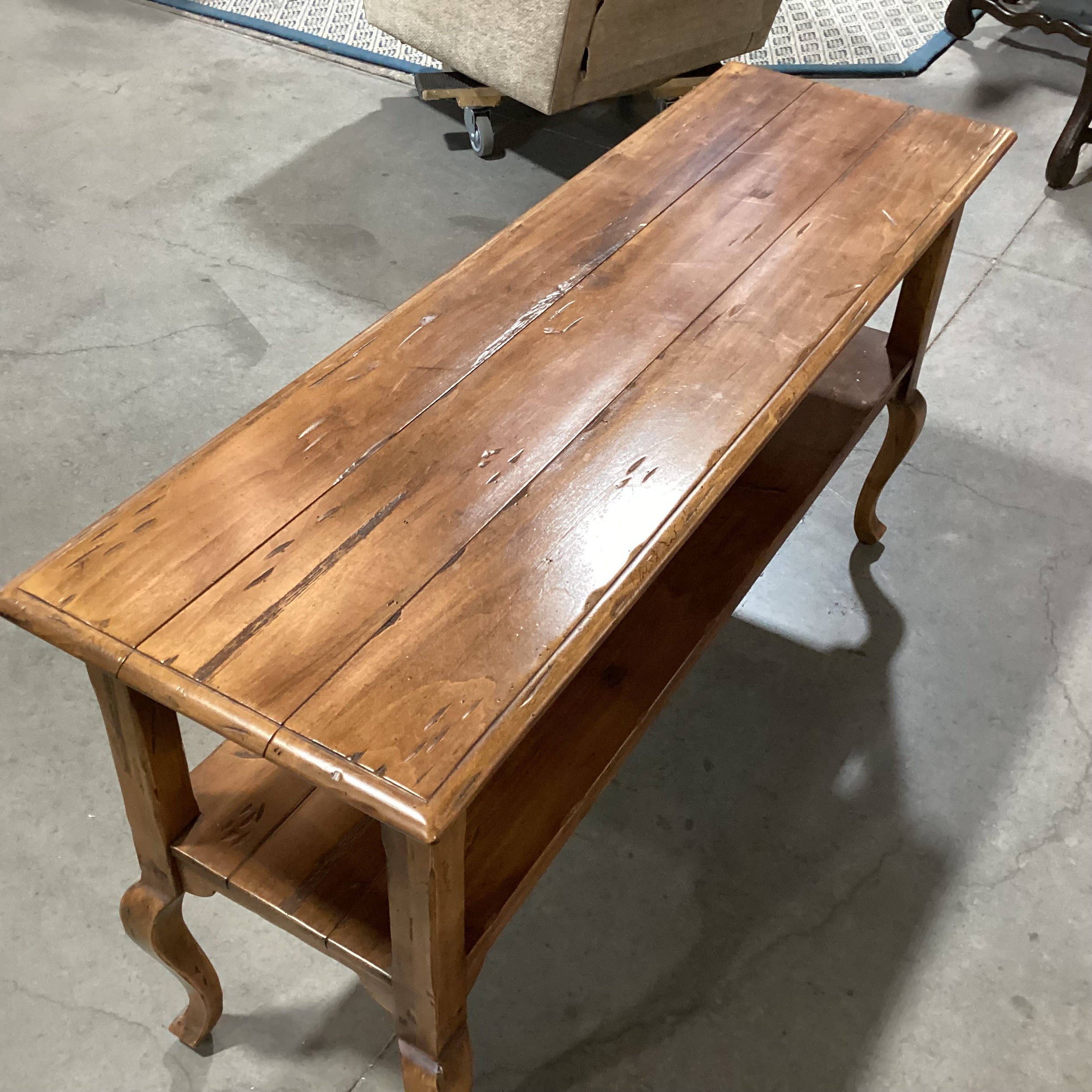 Ethan Allen Distressed Carved Wood 2 Tiered Console Sofa Table 54"x 17"x 28"