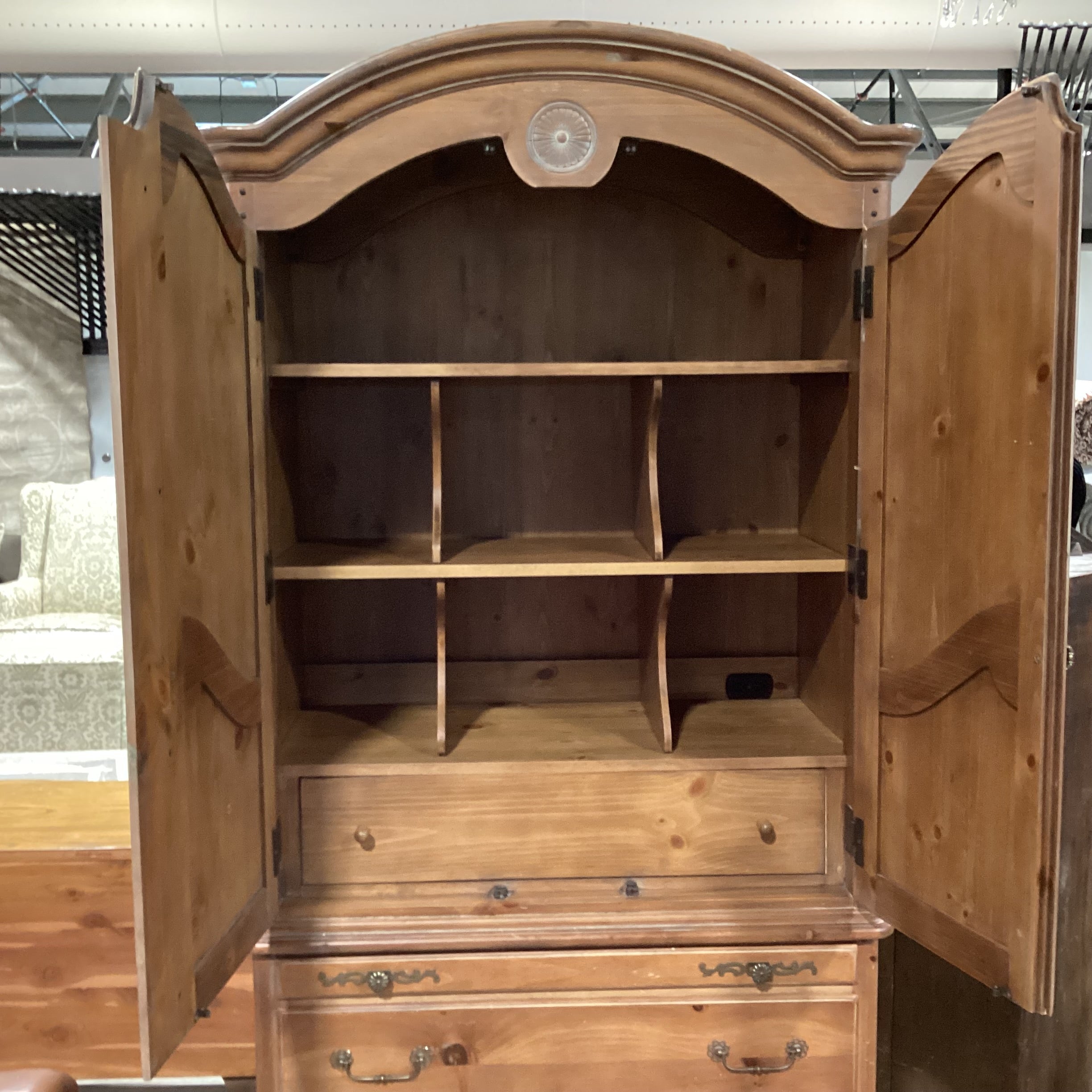 Distressed Light Wash Finish Pine 2 Door With Sectioned Shelves & 4 Drawer Armoire 40"x 20"x 83"