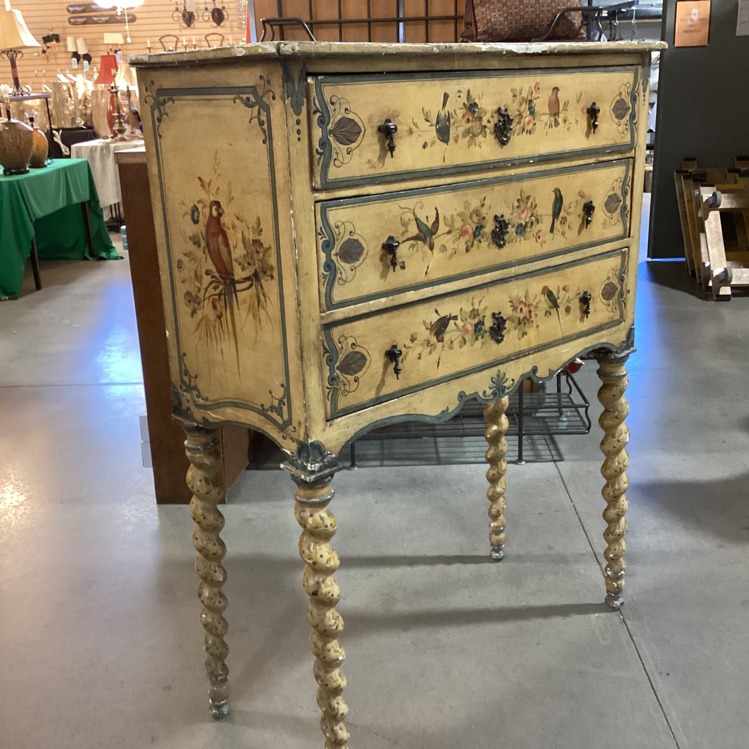 Antique Spindle Leg Hand Painted Bird & Floral 3 Drawer Chest 42"x 19"x 55"