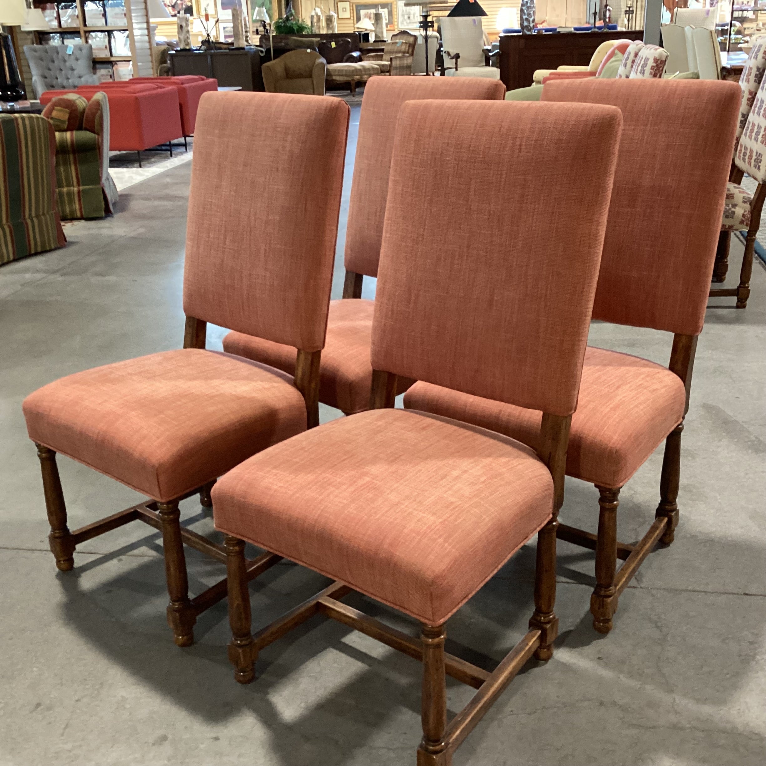 Set Of 4 Carved Wood Red Orange Woven Linen Dining Chairs 21"x 20"x 42.5"