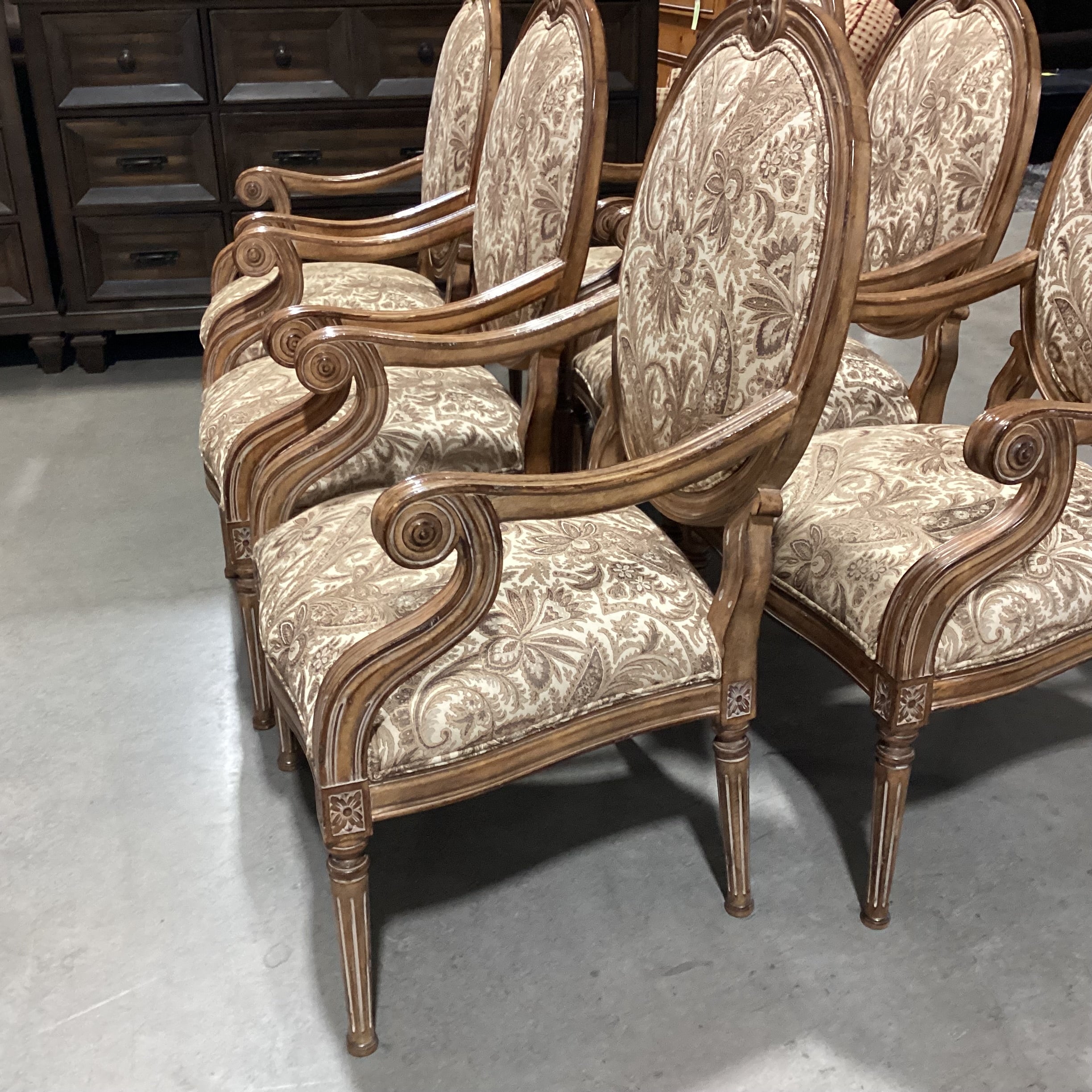 Set of 6 Kreiss Ivory Taupe & Gold Oval Back & Carved Wood Dining Chair 25"x 25"x 42"