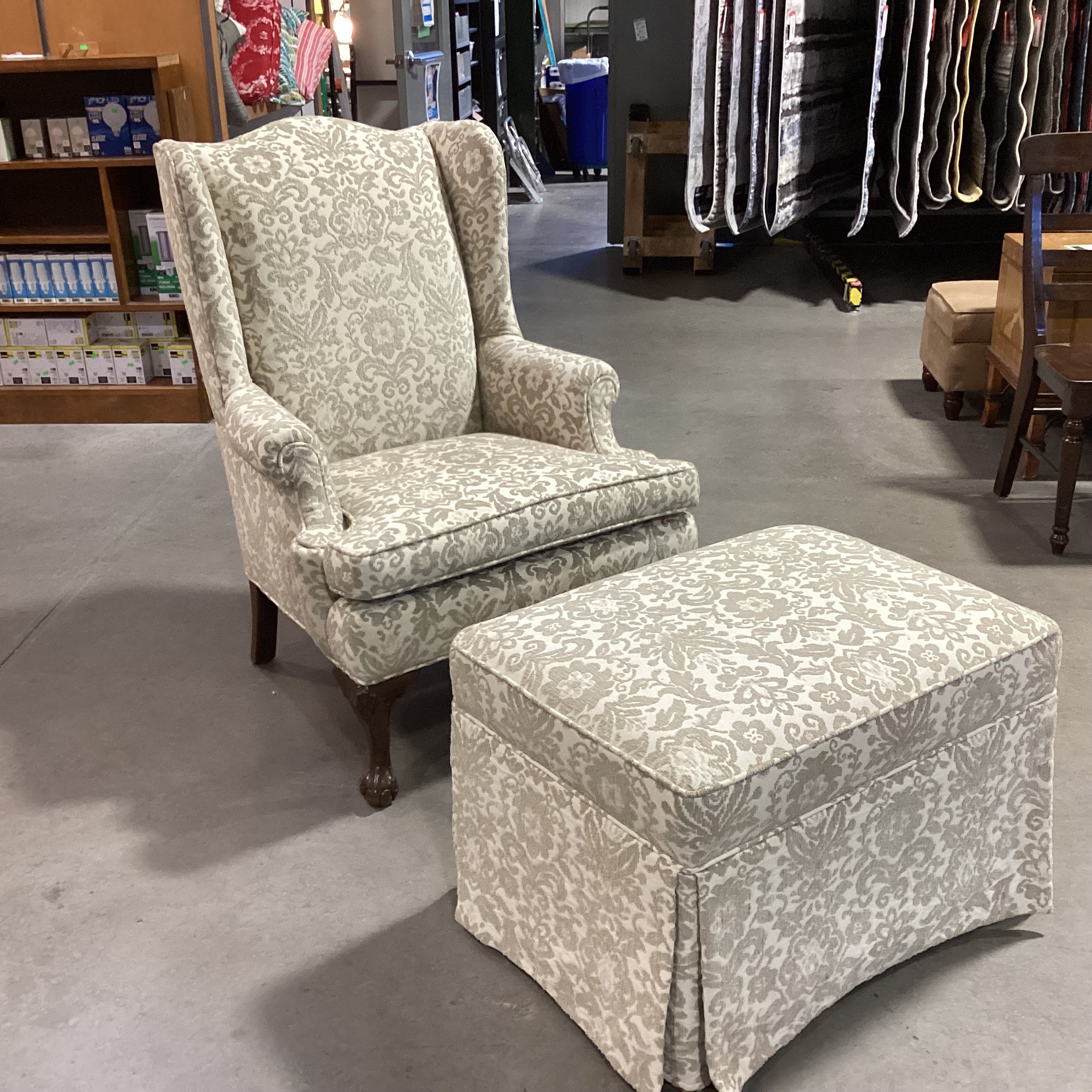 Sickles Custom Upholstery Cream & Raised Taupe Floral with Ottoman Wing Chair 33"x 34"x 43"