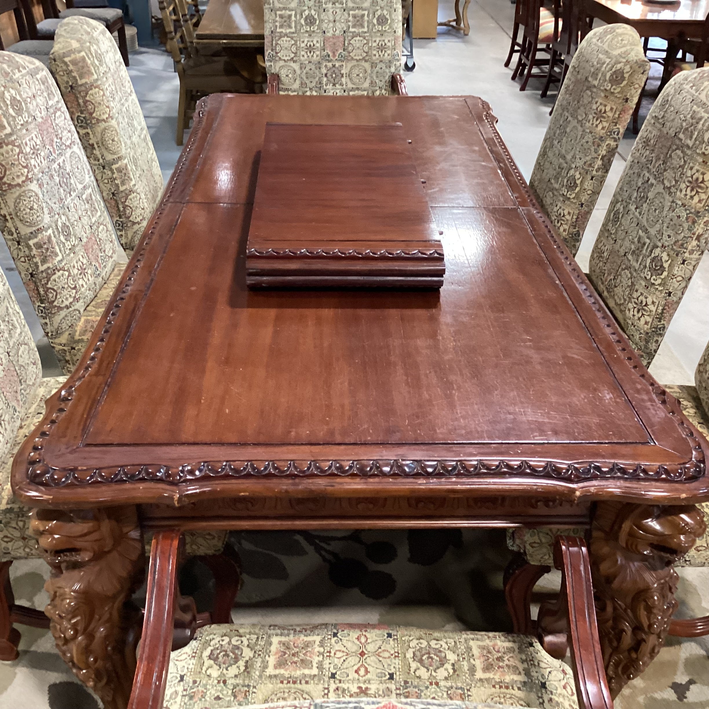 White Rose Ornate Carved Lionshead 2 Leaves Table with 8 Chairs Dining Set 102" to 138"x 48"x 31.5"
