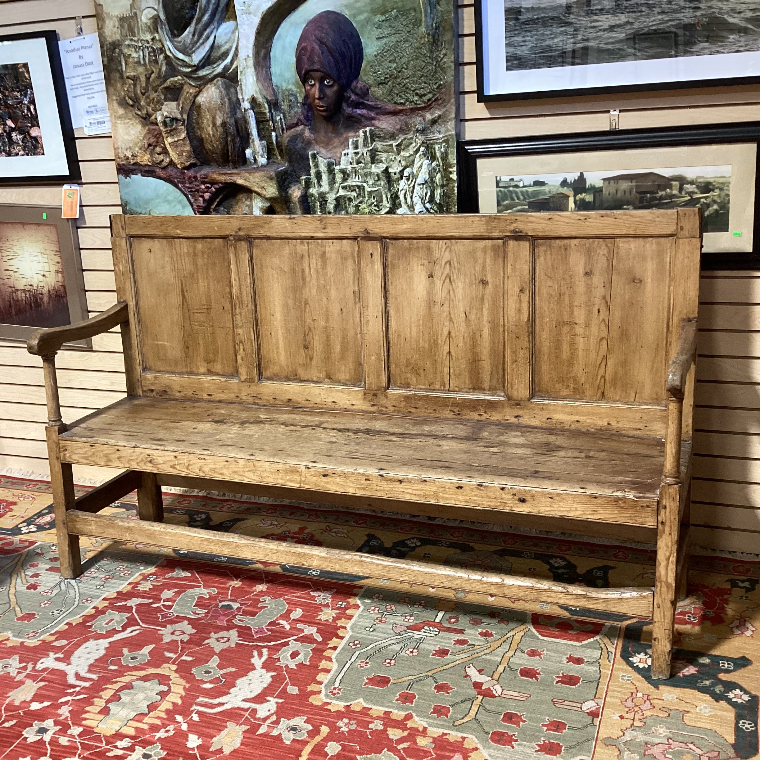 Antique Carved Pine with Panel Detail & Green Chenille Cushions Bench 71"x 19"x 42"