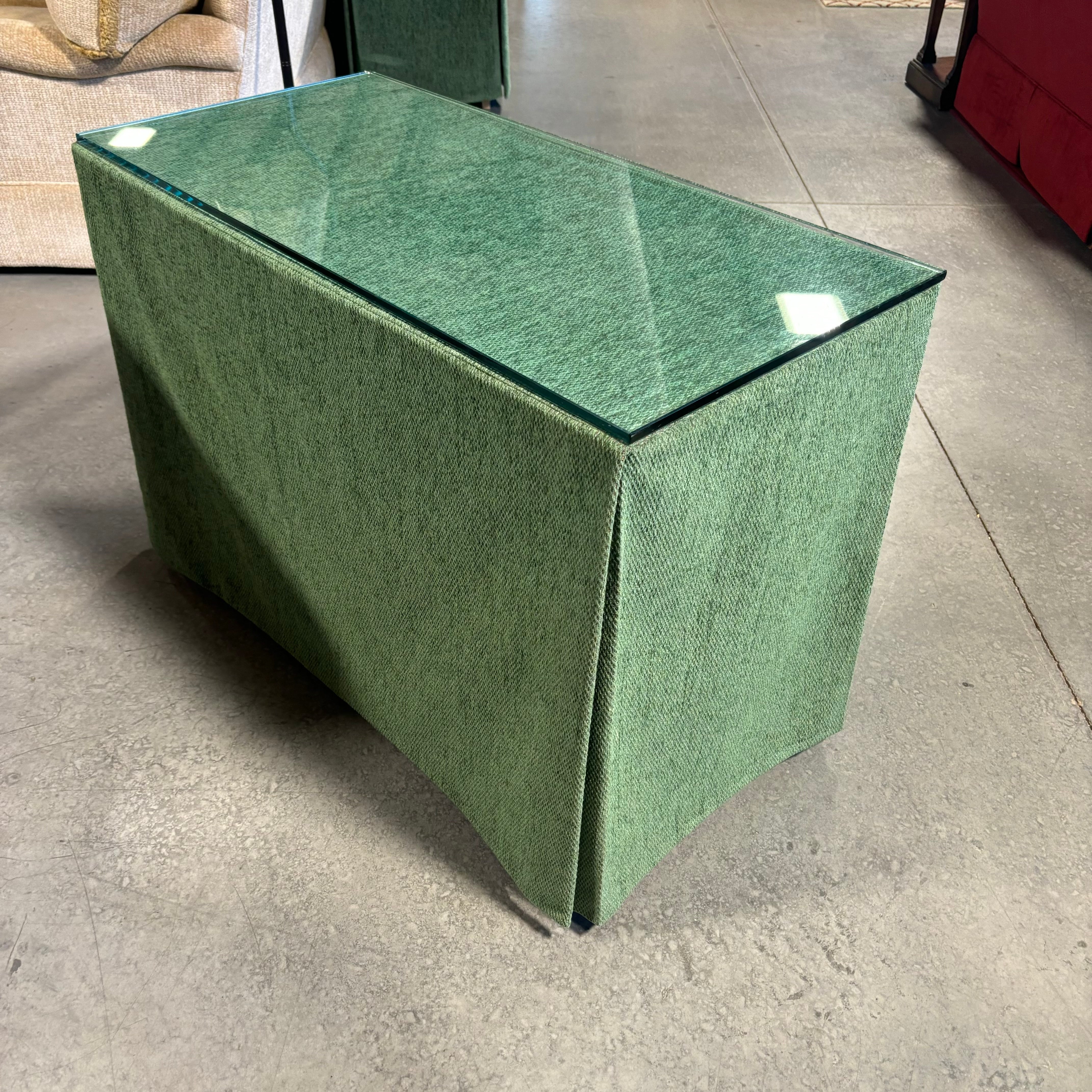Custom Green Chenille Covered Natural Wood with Glass Top Accent Table 42"x 20"x 29"