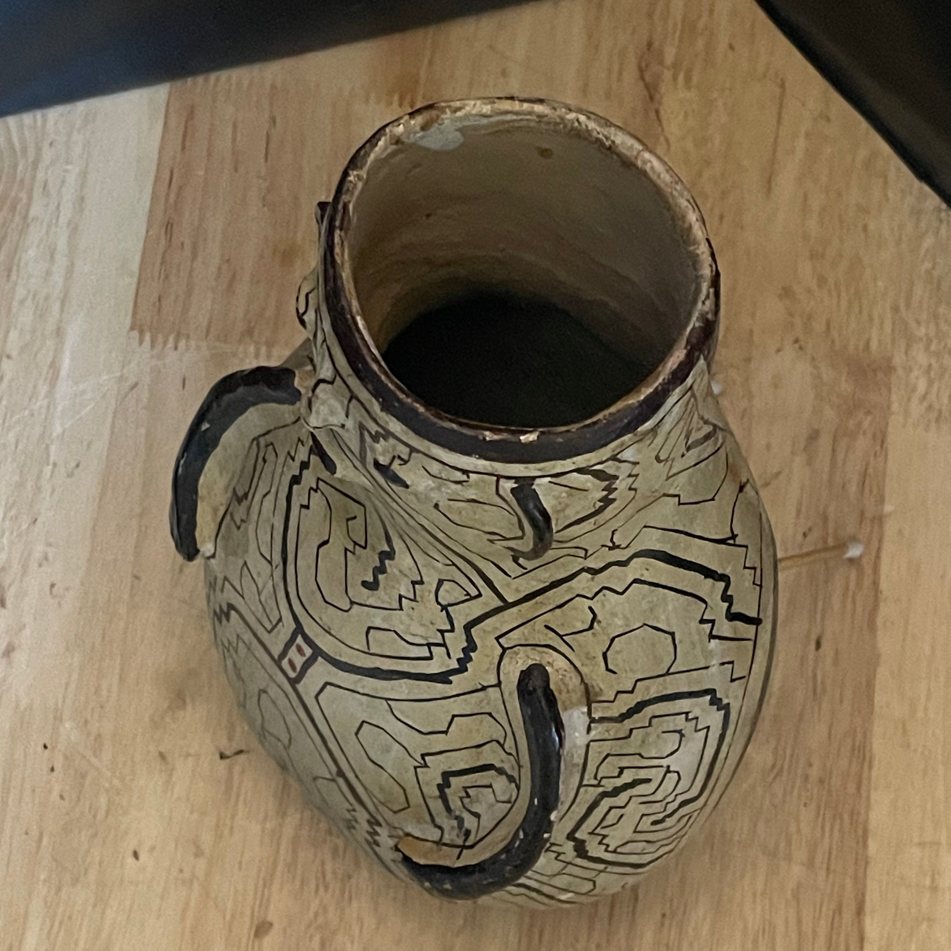 Antique Peruvian Shipibo Conibo Anthropomorphic Geometric Kene Pattern Pottery Vessel, 5.5"x 9"